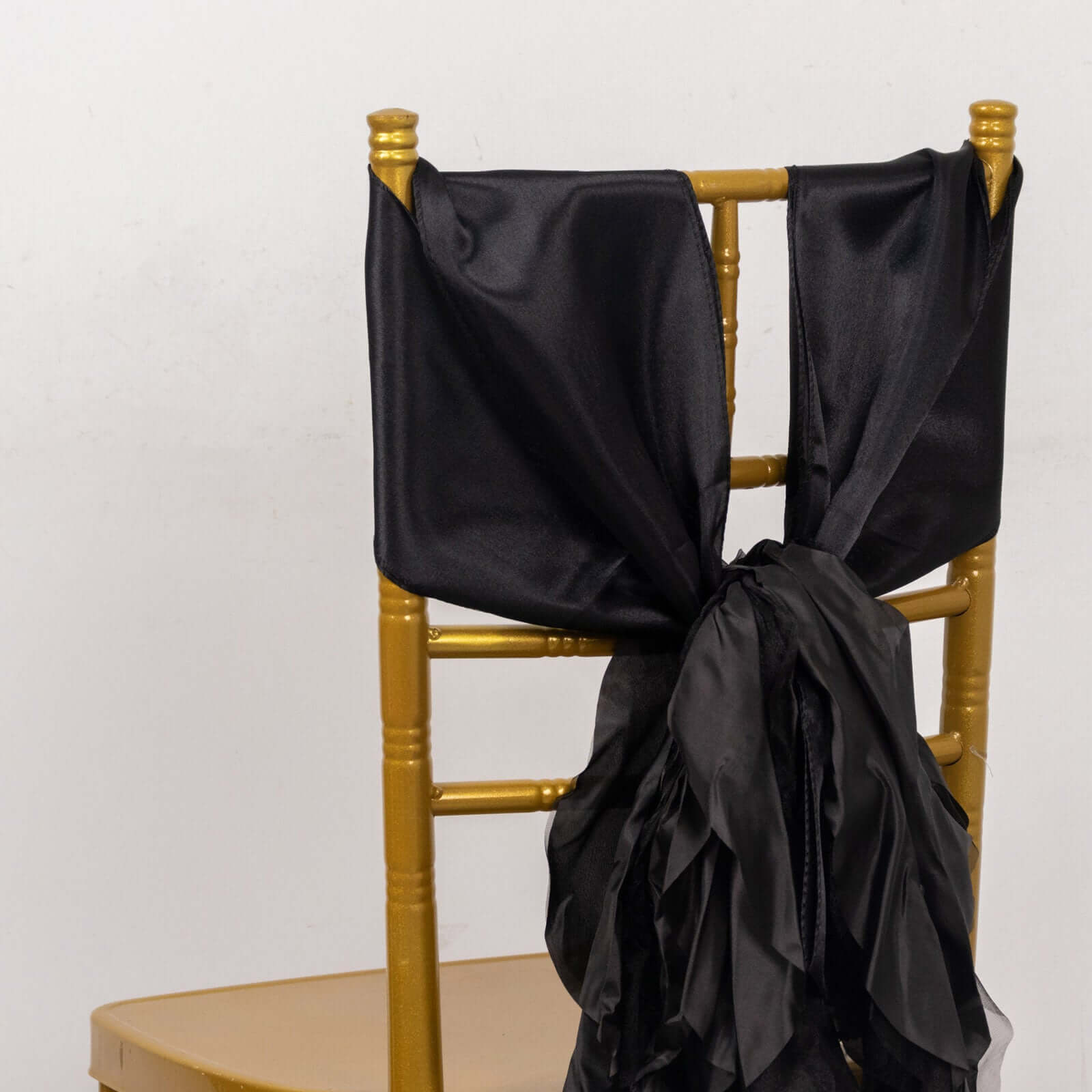 5 Pack Chiffon Satin Chair Sashes Black - Easy to Install Lustrous Ruffled Curly Willow Wedding Chair Decorations