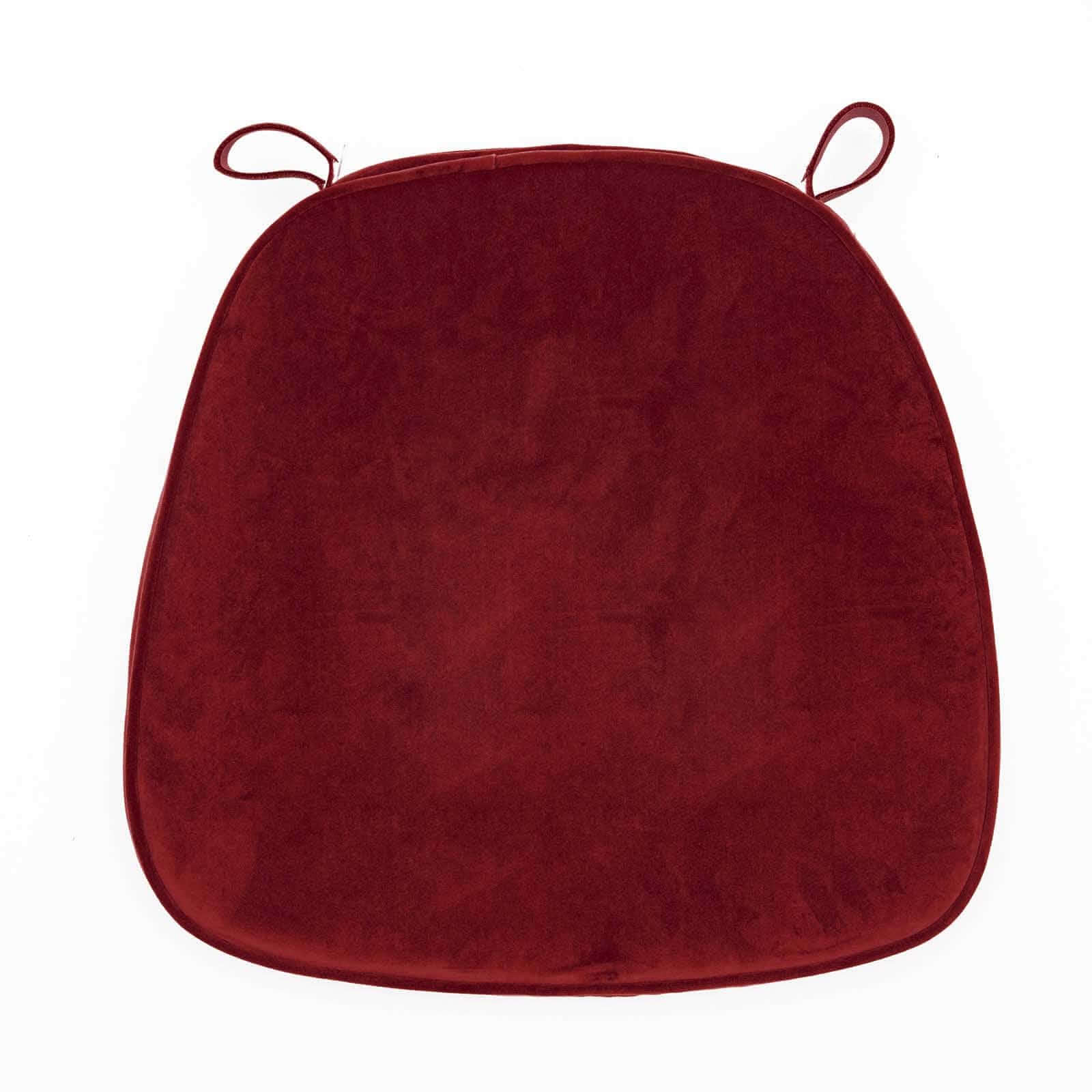 2 Thick Burgundy Velvet Chiavari Chair Pad, Memory Foam Seat Cushion With Ties and Removable Cover