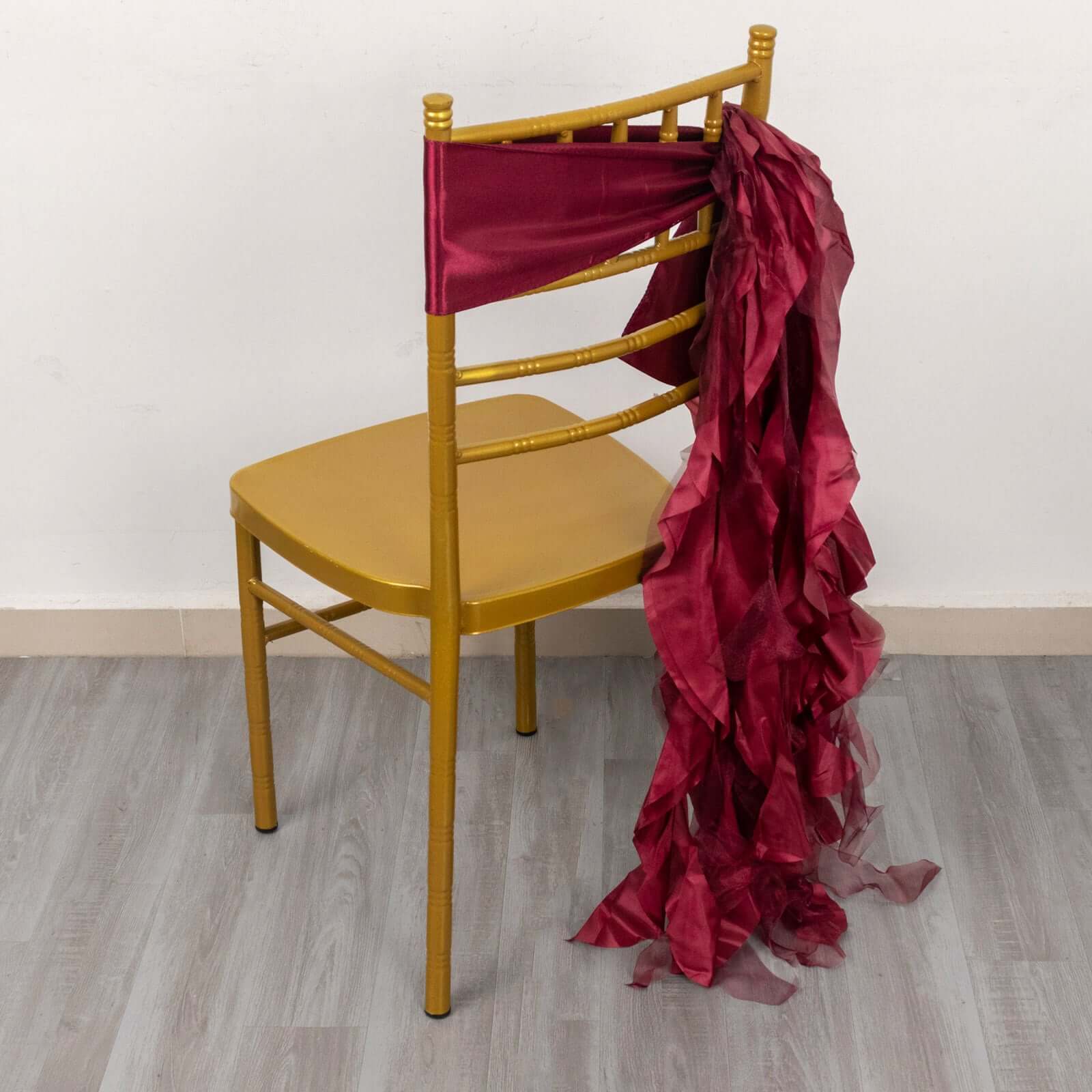 5 Pack Chiffon Satin Chair Sashes Burgundy - Easy to Install Ruffled Curly Willow