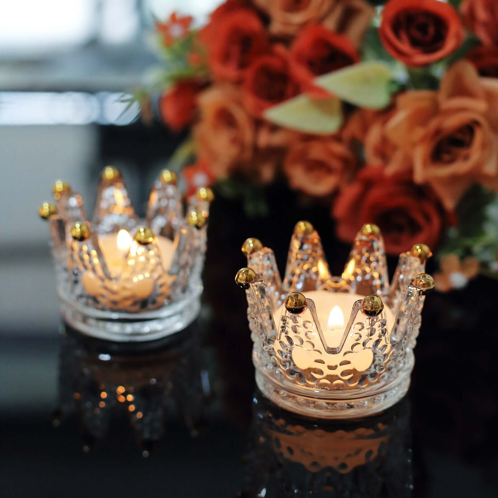 6-Pack Glass Crown Votive Candle Holders Clear Crystal Design with Gold Beaded Tips - Tea Light Holders 3x2