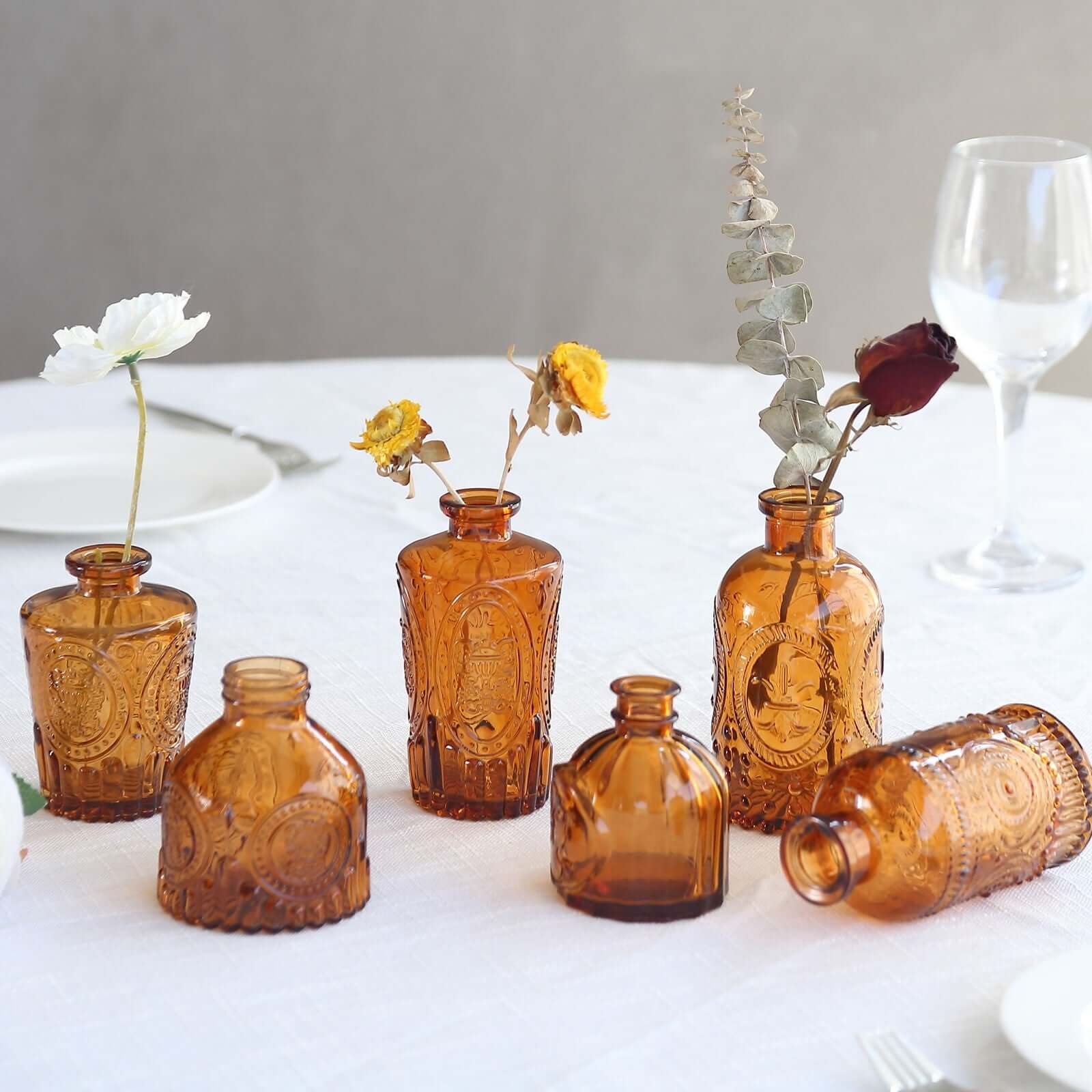 Set of 6 Embossed Glass Bud Vases Vintage Amber Gold - Apothecary Style Decorative Table Centerpieces