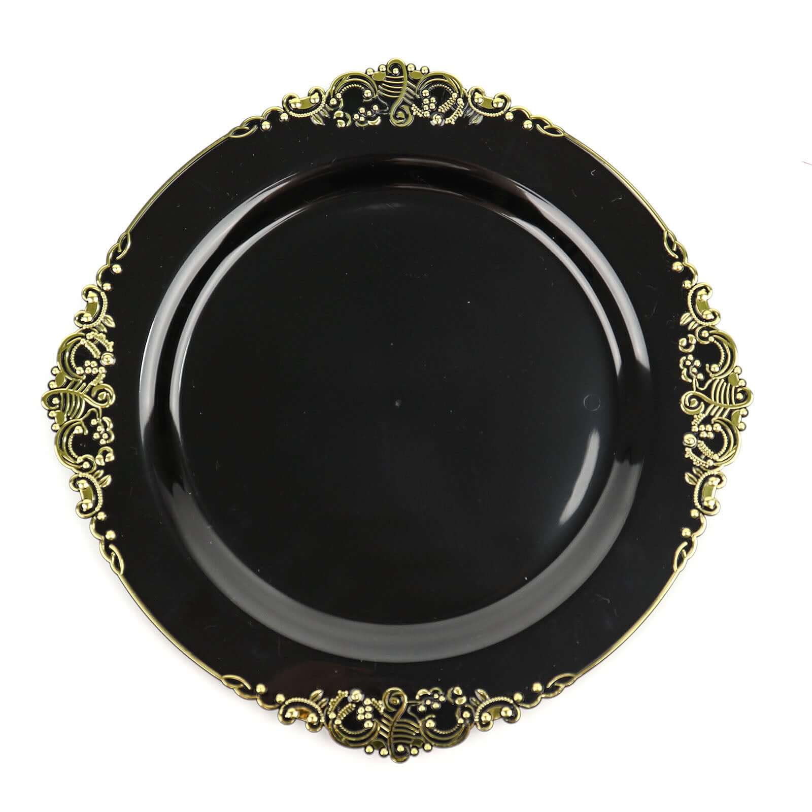 10-Pack Plastic 10 Round Dinner Plates in Black with Gold Leaf Embossed Rim - Disposable Vintage Baroque Style Plates for Luxurious Gatherings & Events