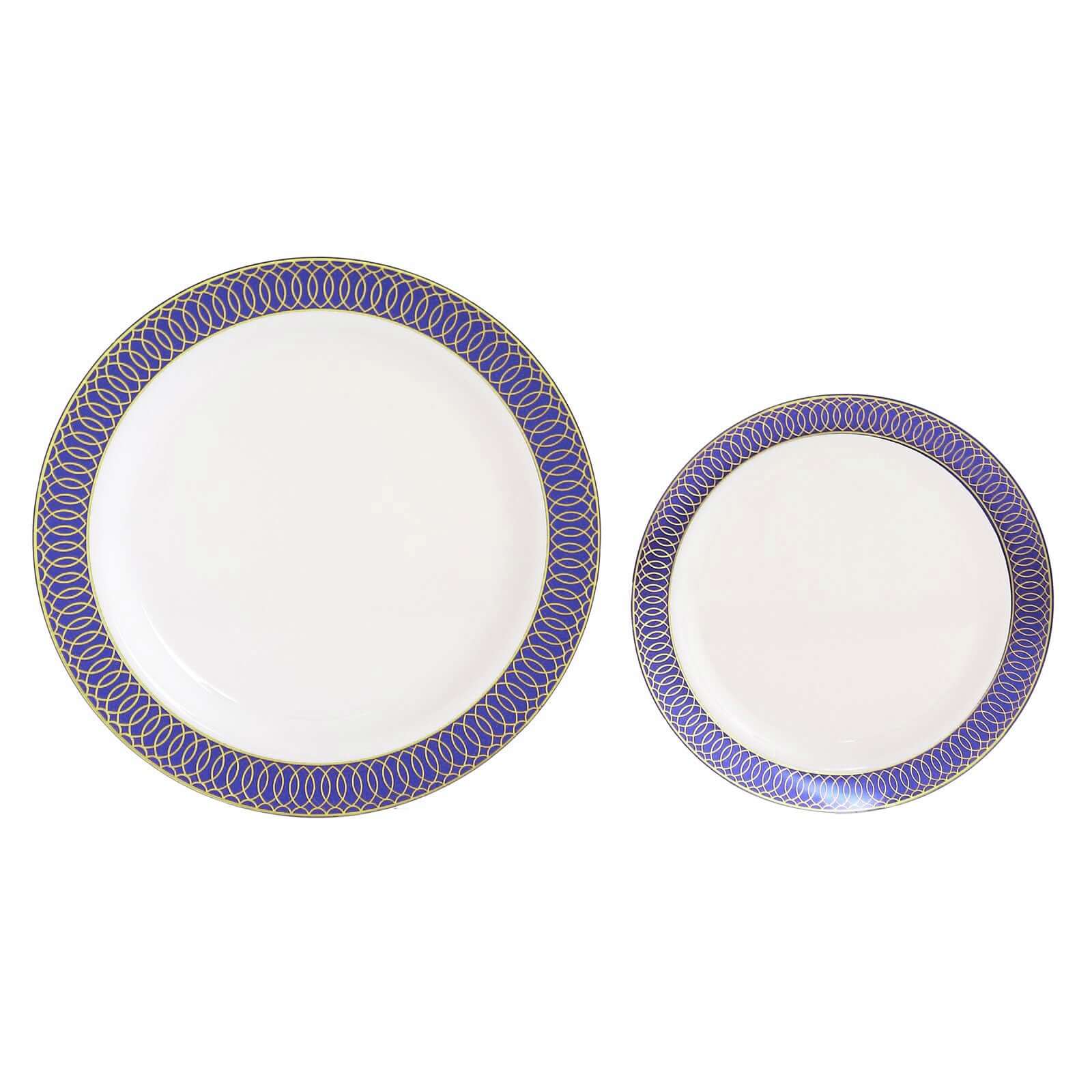 10-Pack Plastic Round Dessert Plates 7 White with Navy Blue Gold Spiral Rim - Disposable Salad Plates