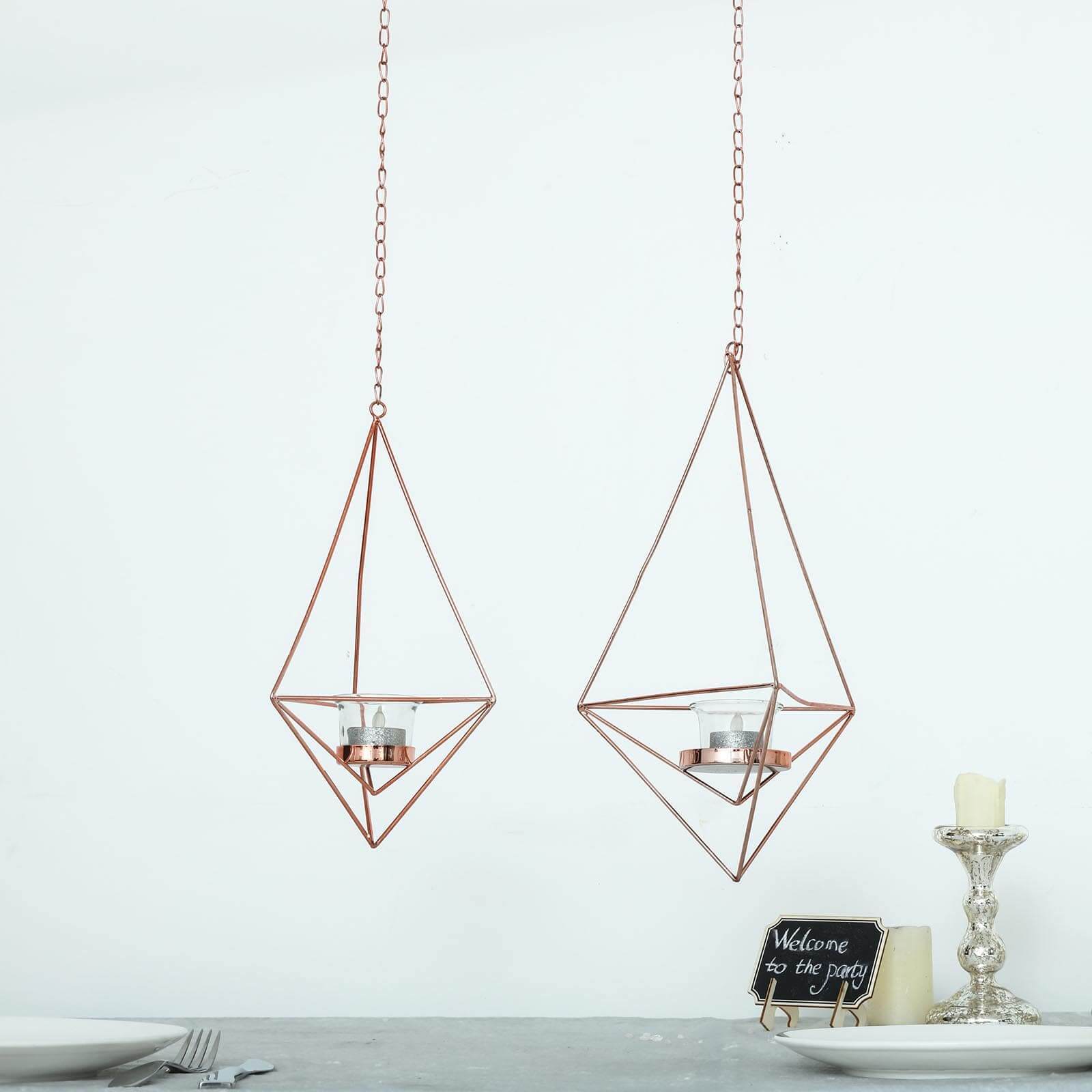 Set of 2 Hanging Tealight Candle Holders Rose Gold Metal Diamond Geometric Open Frame - Flower Terrariums 12, 15