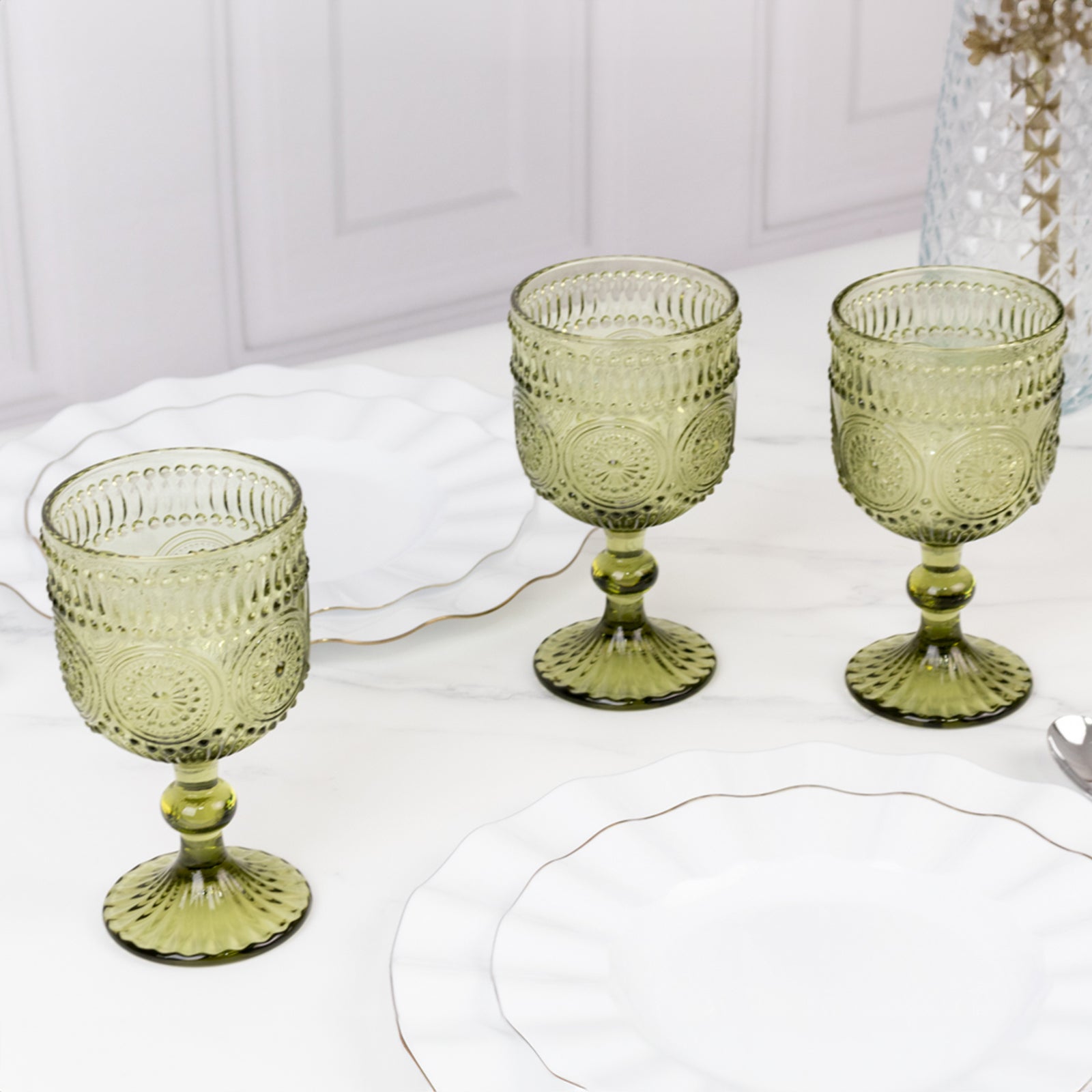 6-Pack Wine Glasses Dusty Sage Green Vintage Embossed Design with Textured Floral Pattern - Short Stemmed Glasses for Drinks & Cocktails 12oz