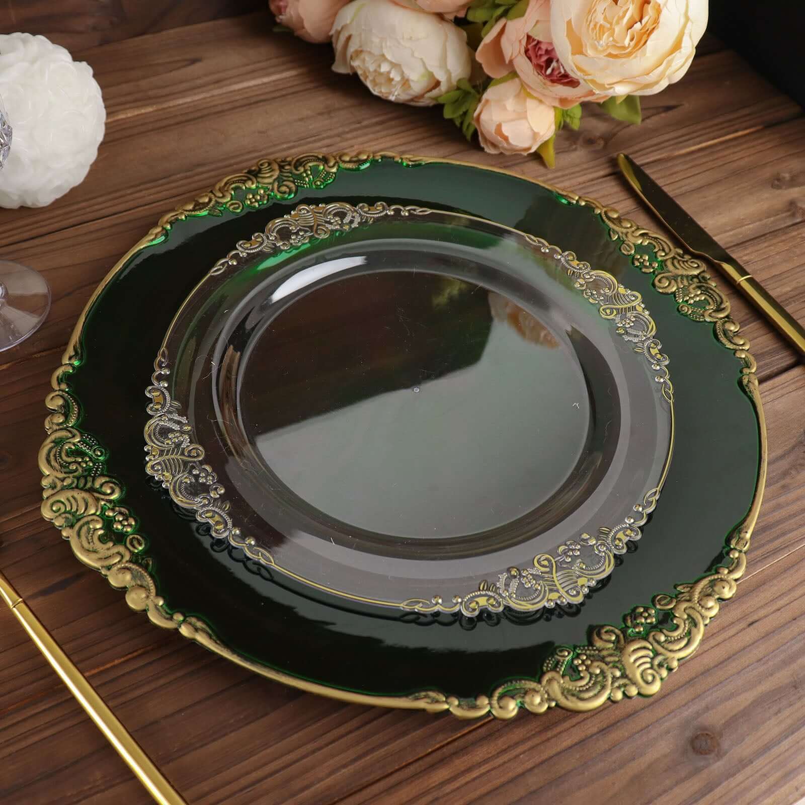 6-Pack Acrylic Round Charger Plates 13 in Hunter Emerald Green with Gold Embossed Baroque Rim, Antique Decorative Dinner Party Charger Tableware