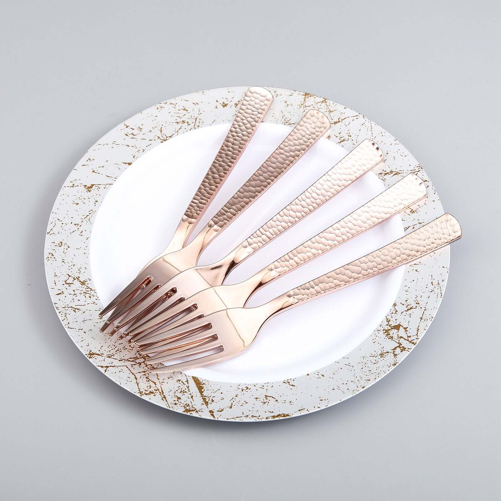 24-Pack Plastic Forks with Hammered Style Rose Gold - Heavy Duty Disposable Silverware 7