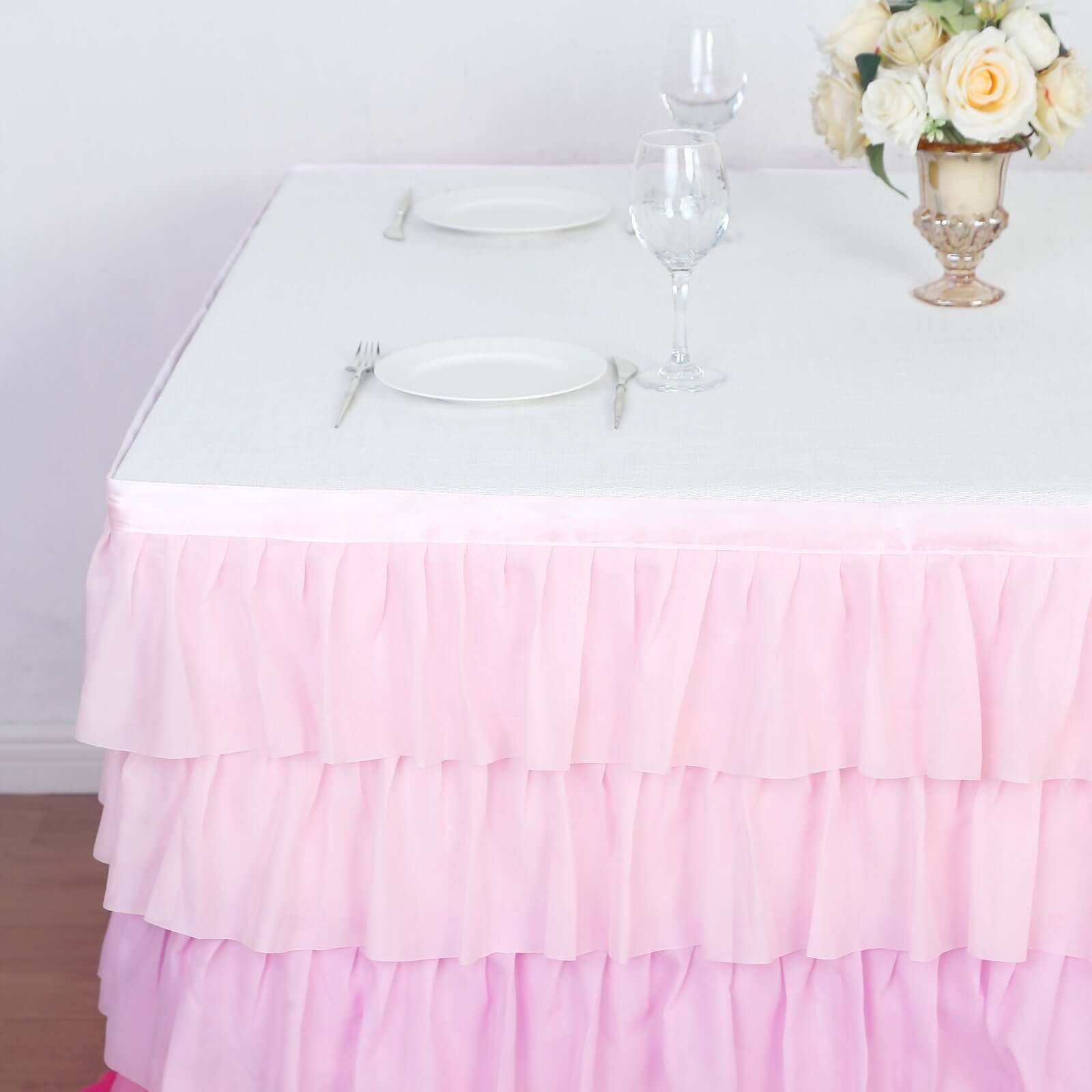 Chiffon 14ft Table Skirt Gradient Pink - Stylish 5-Tier Ombre Ruffled Tutu Table Cover with Satin Backing for Weddings & Celebrations