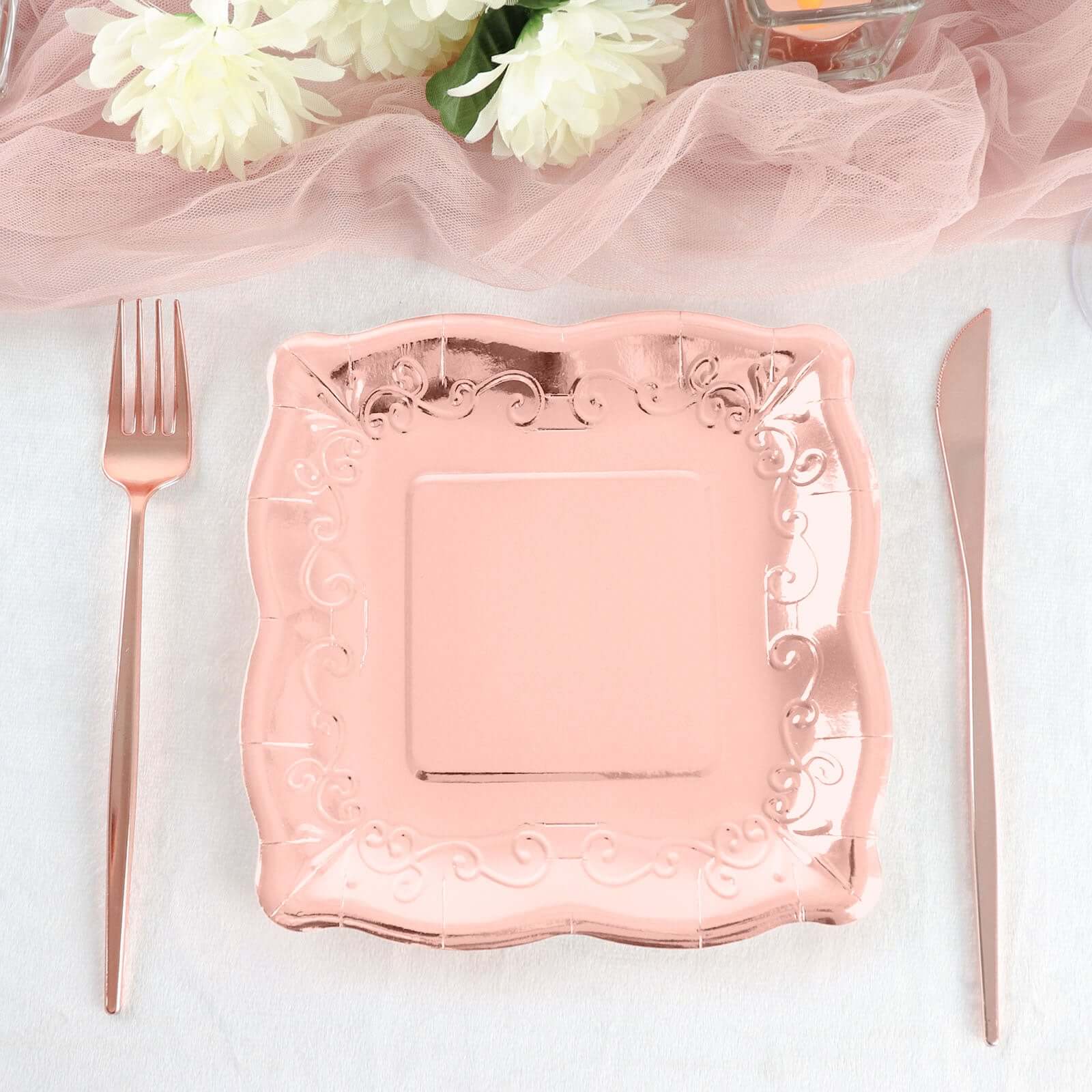 25-Pack Paper 7 Square Dessert Plates in Rose Gold with Vintage Pottery Embossed Design - Shiny Metallic Disposable Appetizer Plates