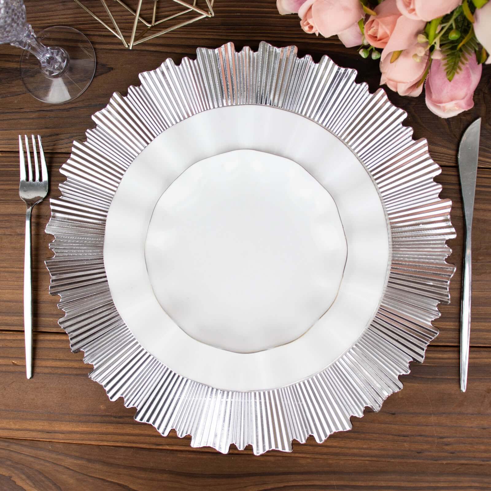 6-Pack Acrylic Plastic Round Charger Plates 13 in Metallic Silver with Sunray Scalloped Rim, Decorative Dinner Party Charger Tableware