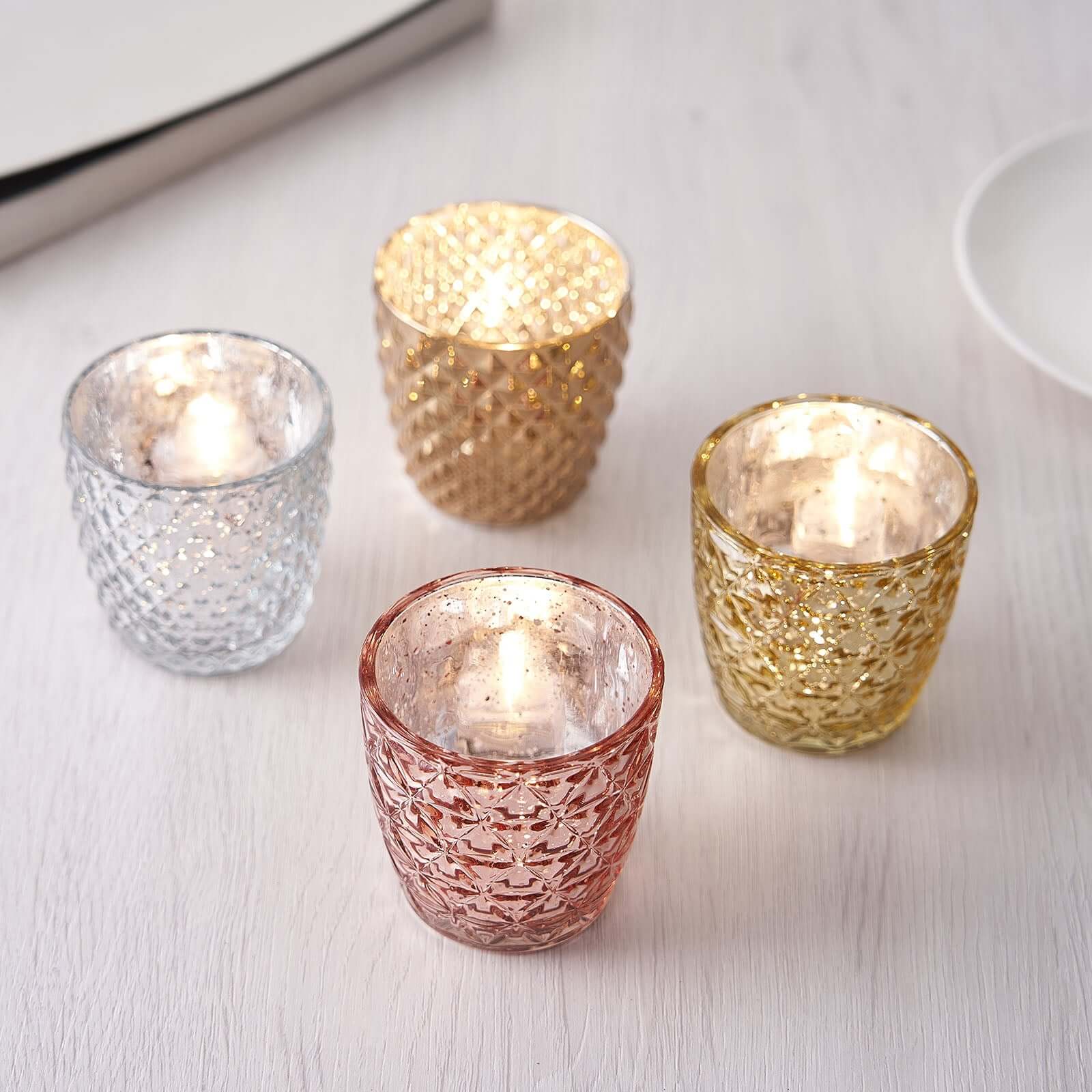 6-Pack Mercury Glass Votive Candle Holders Metallic Silver with Assorted Geometric Designs - Tealight Holders 3