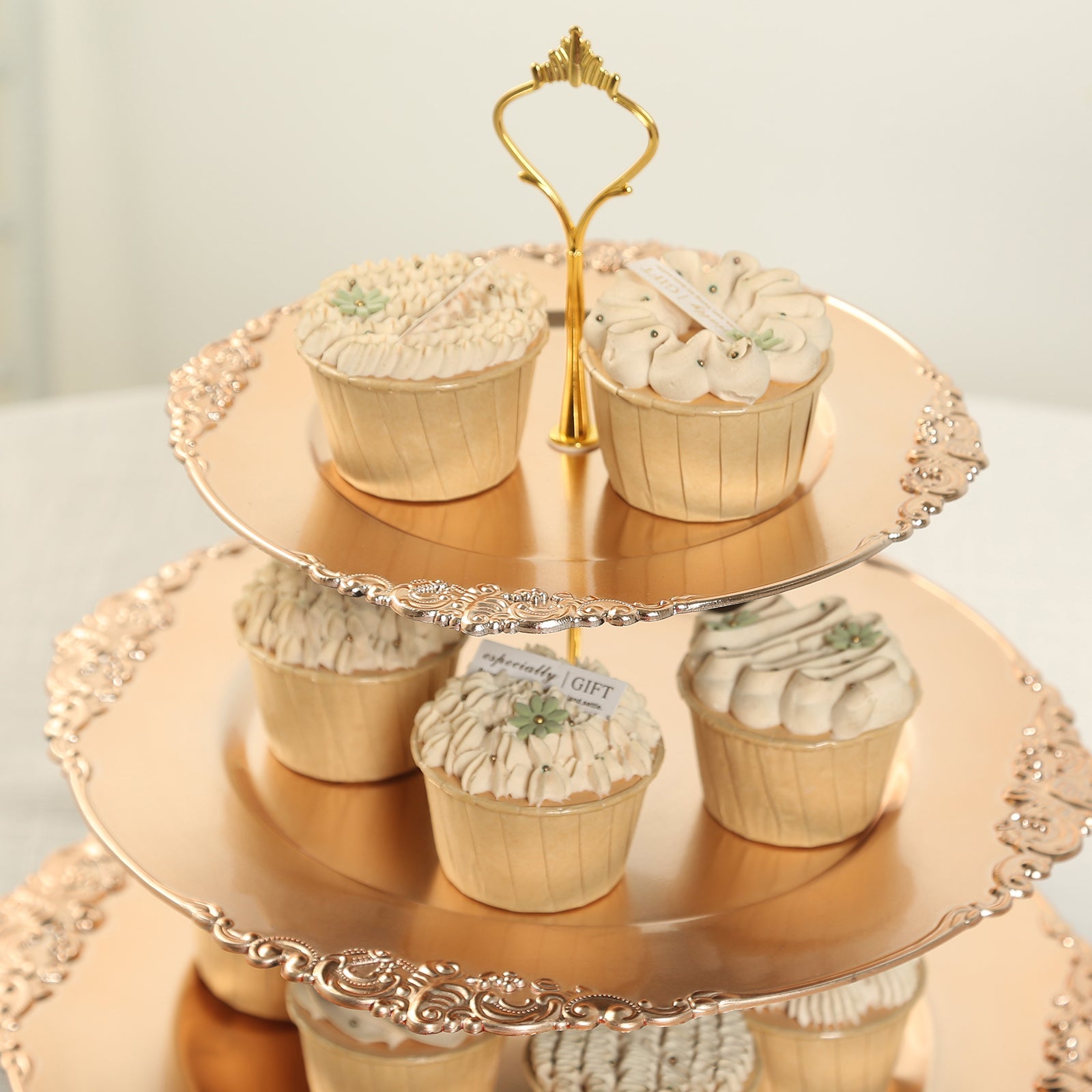 3-Tier Plastic Round Cupcake Stand Metallic Gold - Vintage-Inspired Reusable Dessert Display Holder Tea Party Serving Tray Platter with Baroque Rim & Top Handle 13