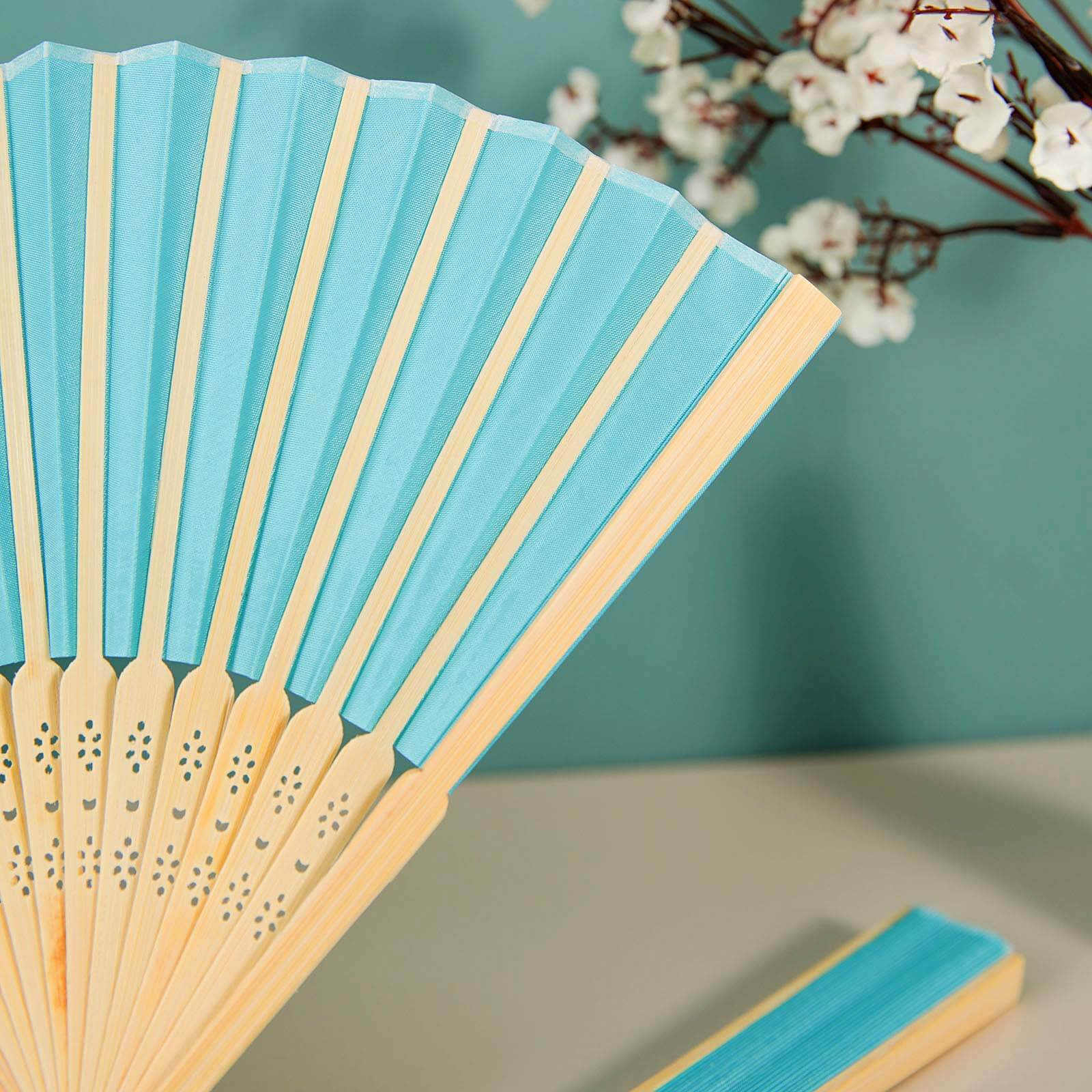 5 Pack Turquoise Asian Silk Folding Fans Party Favors, Oriental Folding Fan Favors