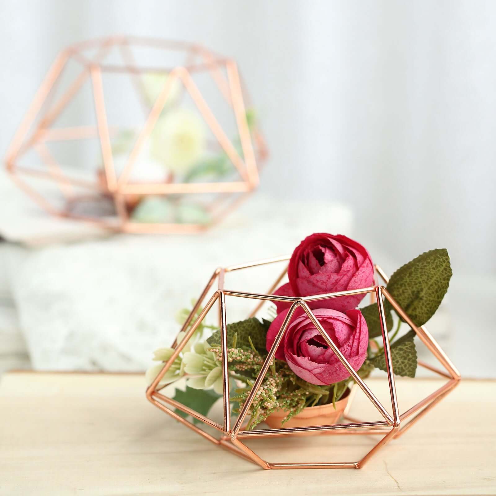 Set of 2 Candle Holders Metal Hexagon Geometric Design Rose Gold - Modern Decorative Centerpieces for Tables 4x3