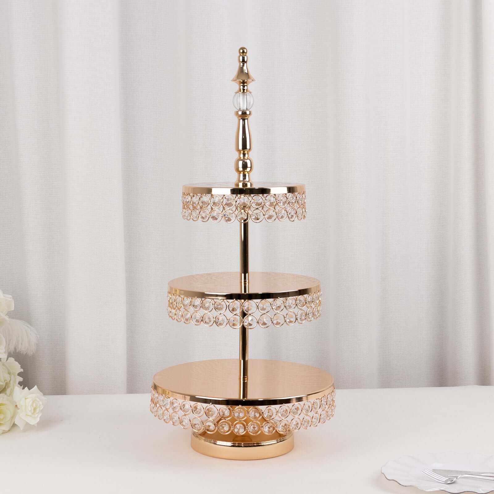 3-Tier Cake Stand Crystal Beaded Gold with Round Mirror Top - Metal Cupcake Tower Dessert Display 26