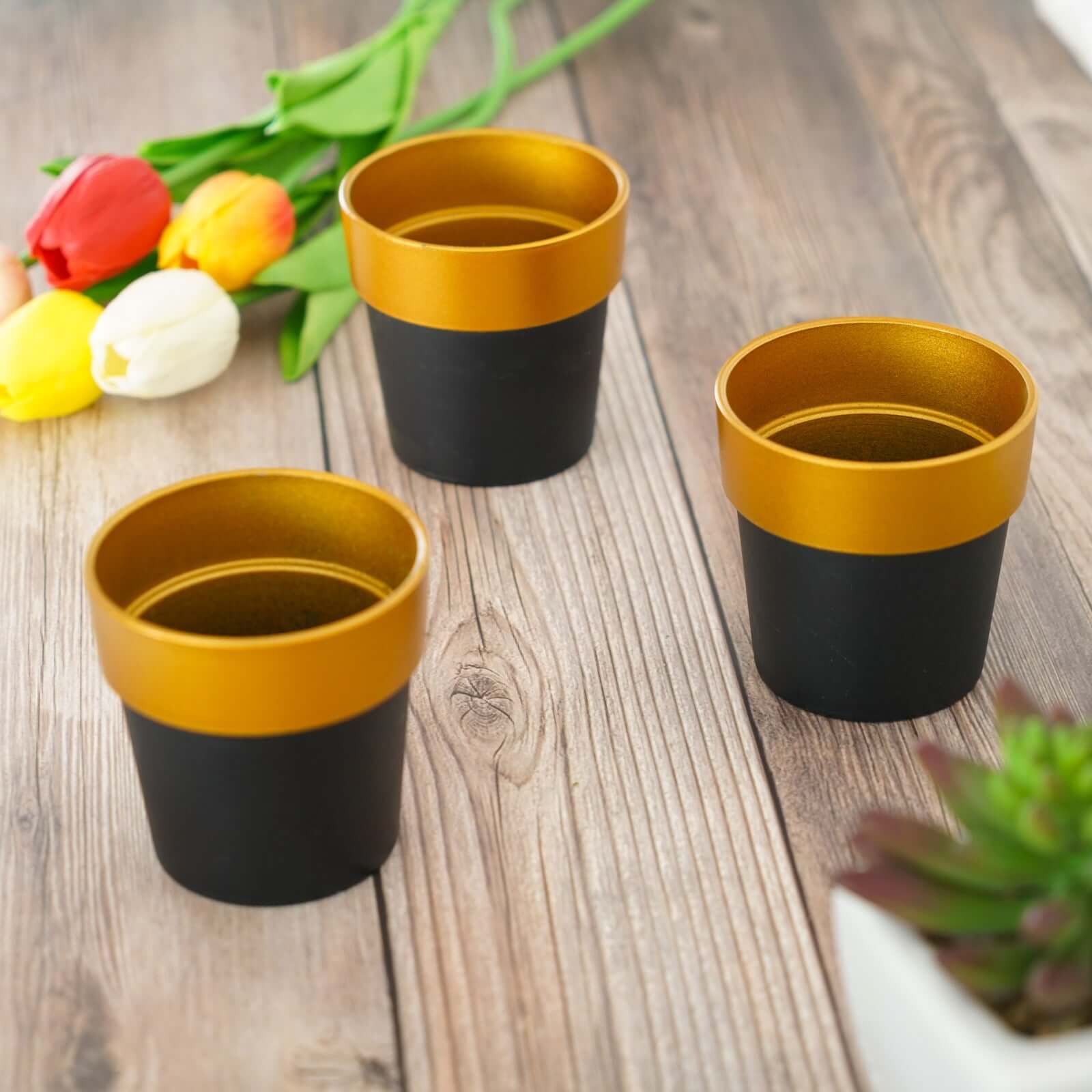 3-Pack Flower Plant Pots Small Design Black with Gold Rim - Plastic Indoor Decorative Planters 3