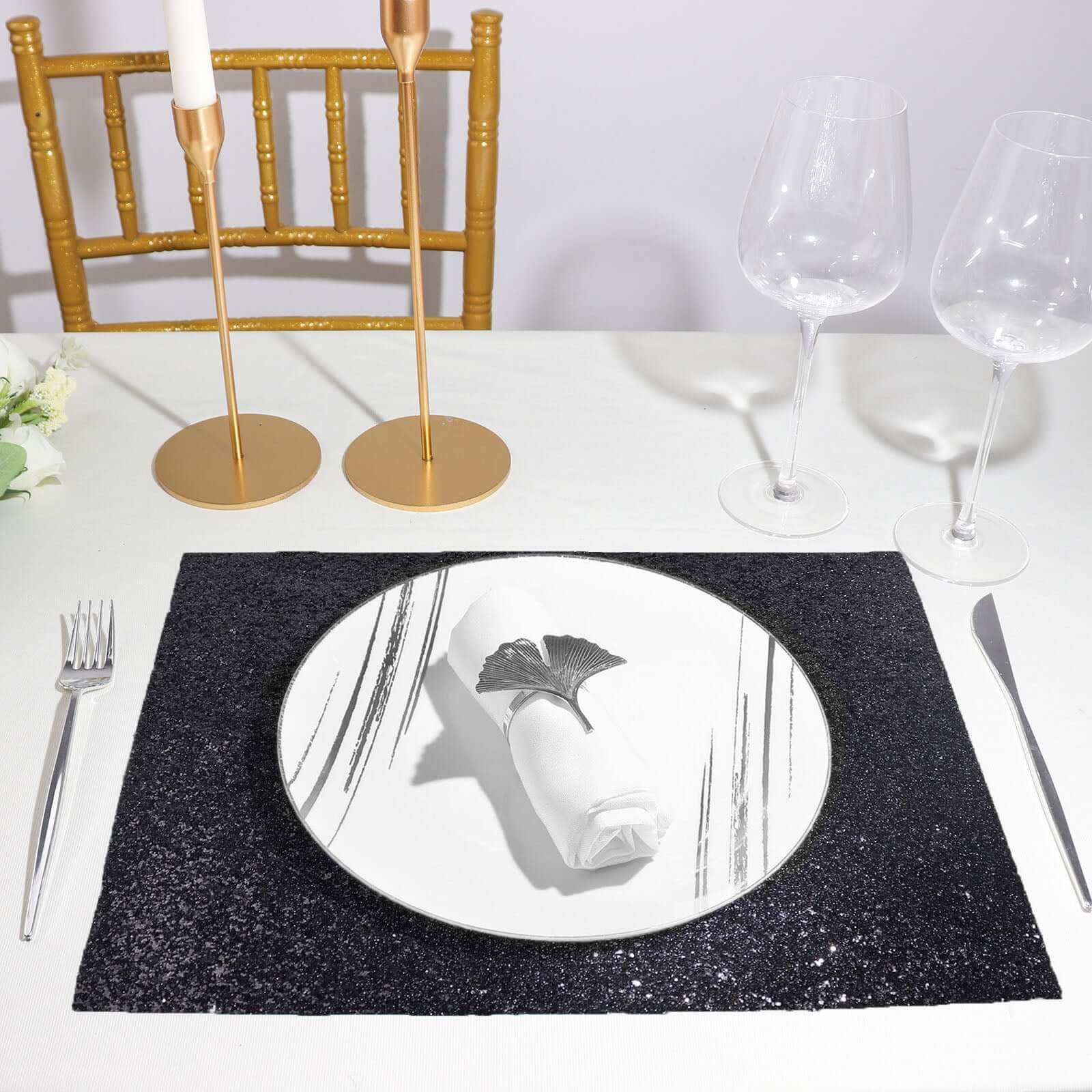 6-Pack Placemats Glitter Design Black Sparkle Rectangle - Non-Slip Decorative Dining Table Mats 12x18