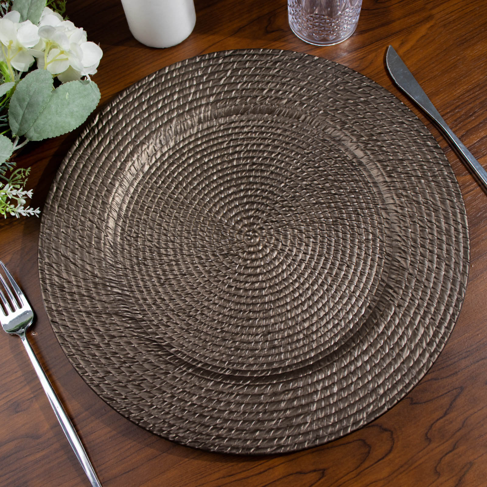 6-Pack Acrylic Round Charger Plates 13 in Natural Brown with Rattan-Like Design, Farmhouse Disposable Plastic Charger Tableware