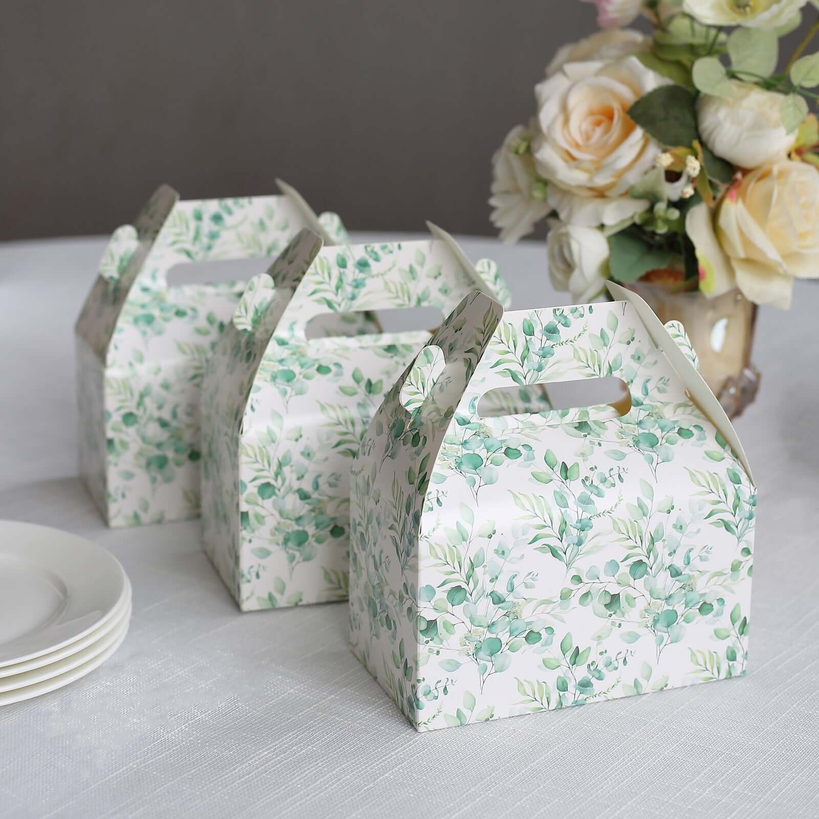 25 Pack White Green Candy Gift Tote Gable Boxes with Eucalyptus Leaves Print, Party Favor Treat Boxes - 6x3.5x7