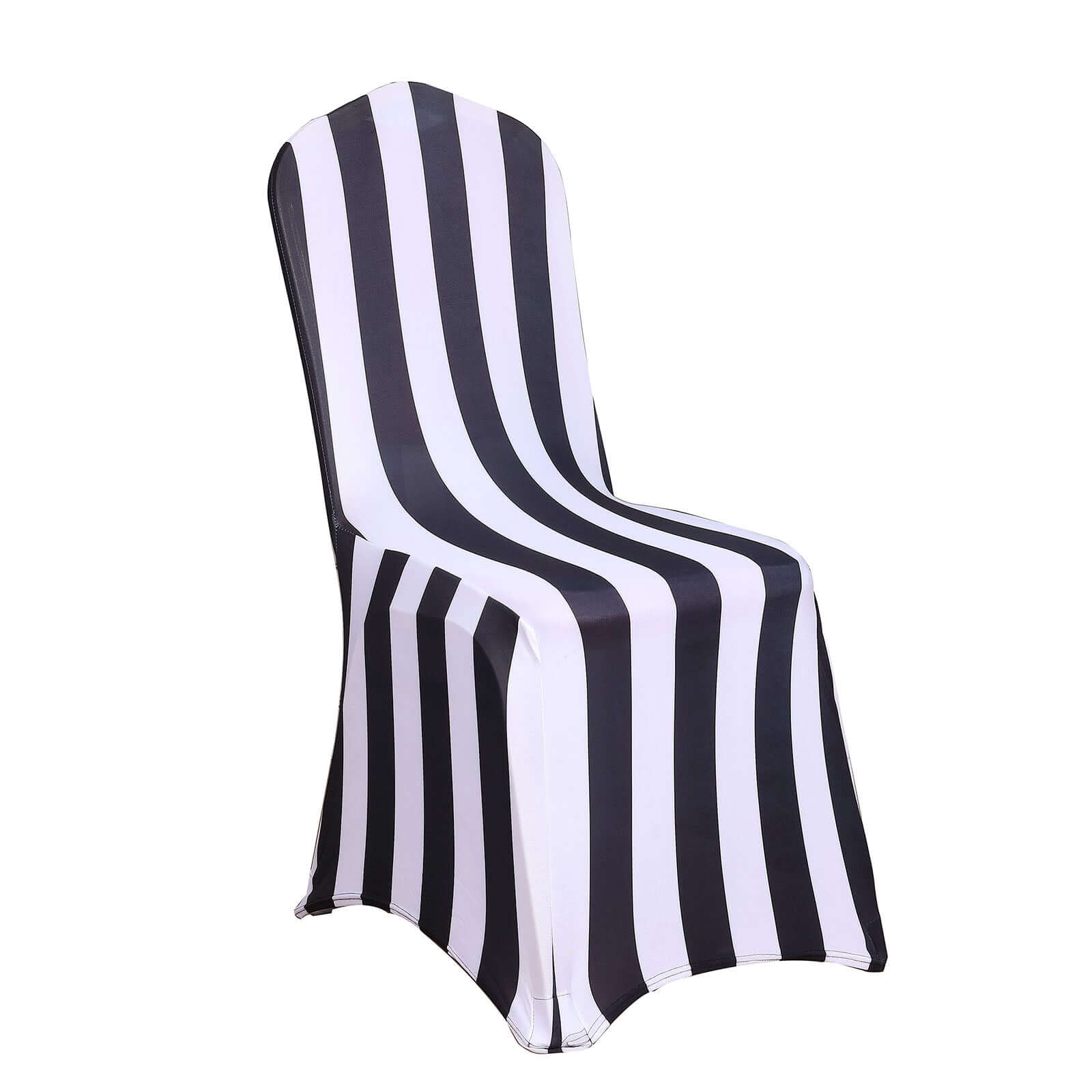 Spandex Chair Cover with Foot Pockets for Banquet Chairs Black/White 2 Stripes - Durable 160GSM Fitted Slipcover for Weddings & Gatherings