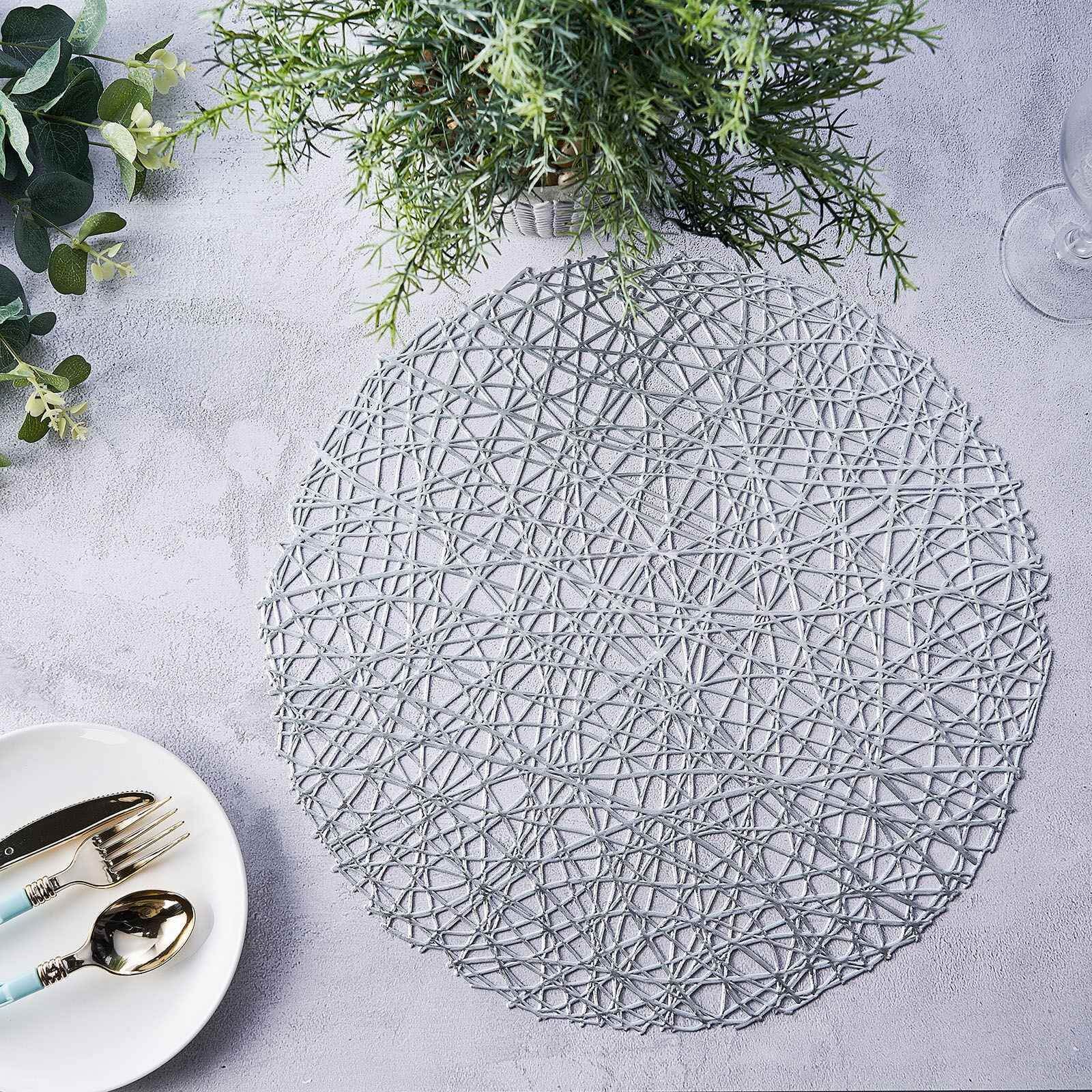 6-Pack Vinyl Placemats Silver Woven Design - Durable Non-Slip Round Table Mats for Dining 15