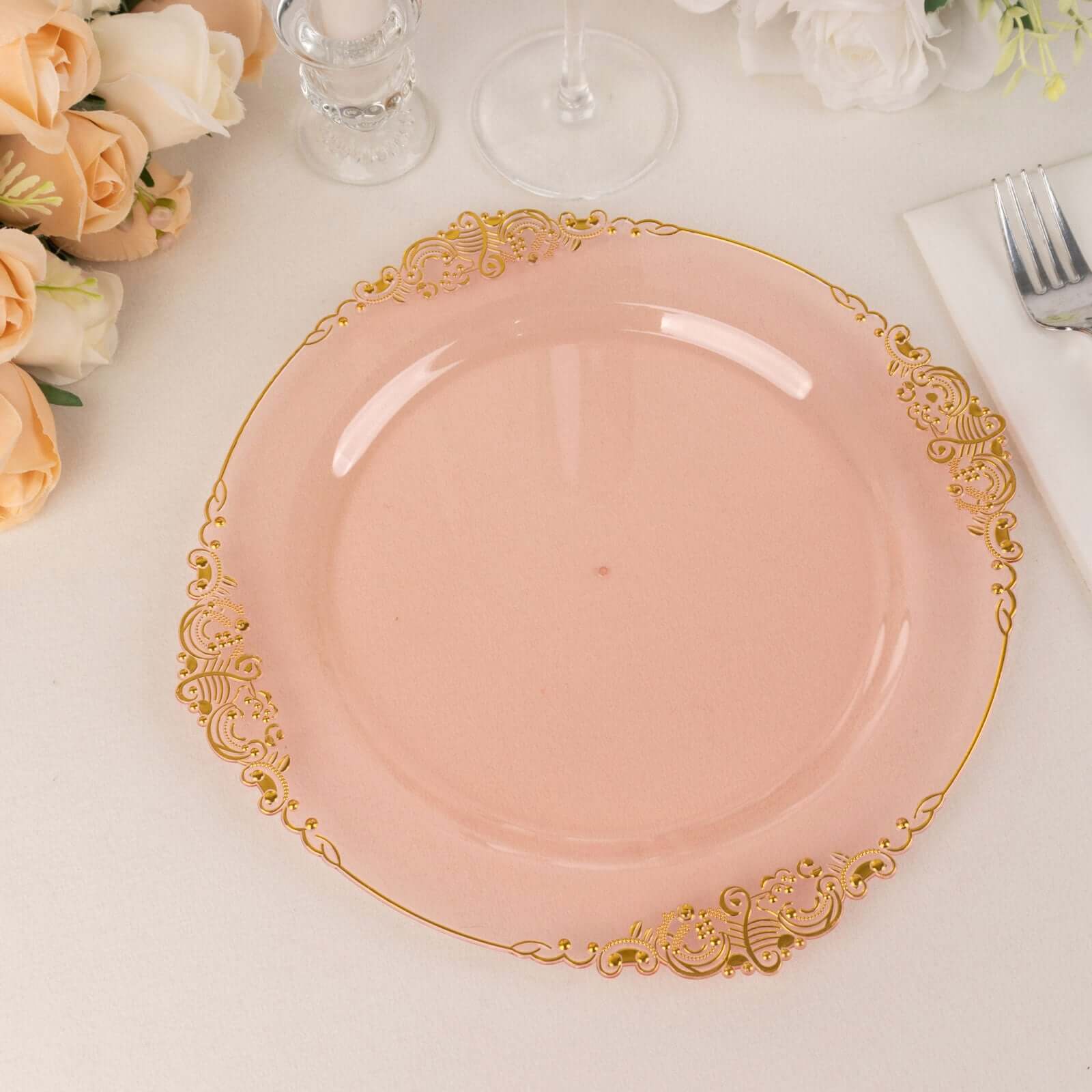 10-Pack Plastic 10 Round Dinner Plates in Transparent Blush with Gold Leaf Embossed Rim - Disposable Vintage Baroque Style Plates