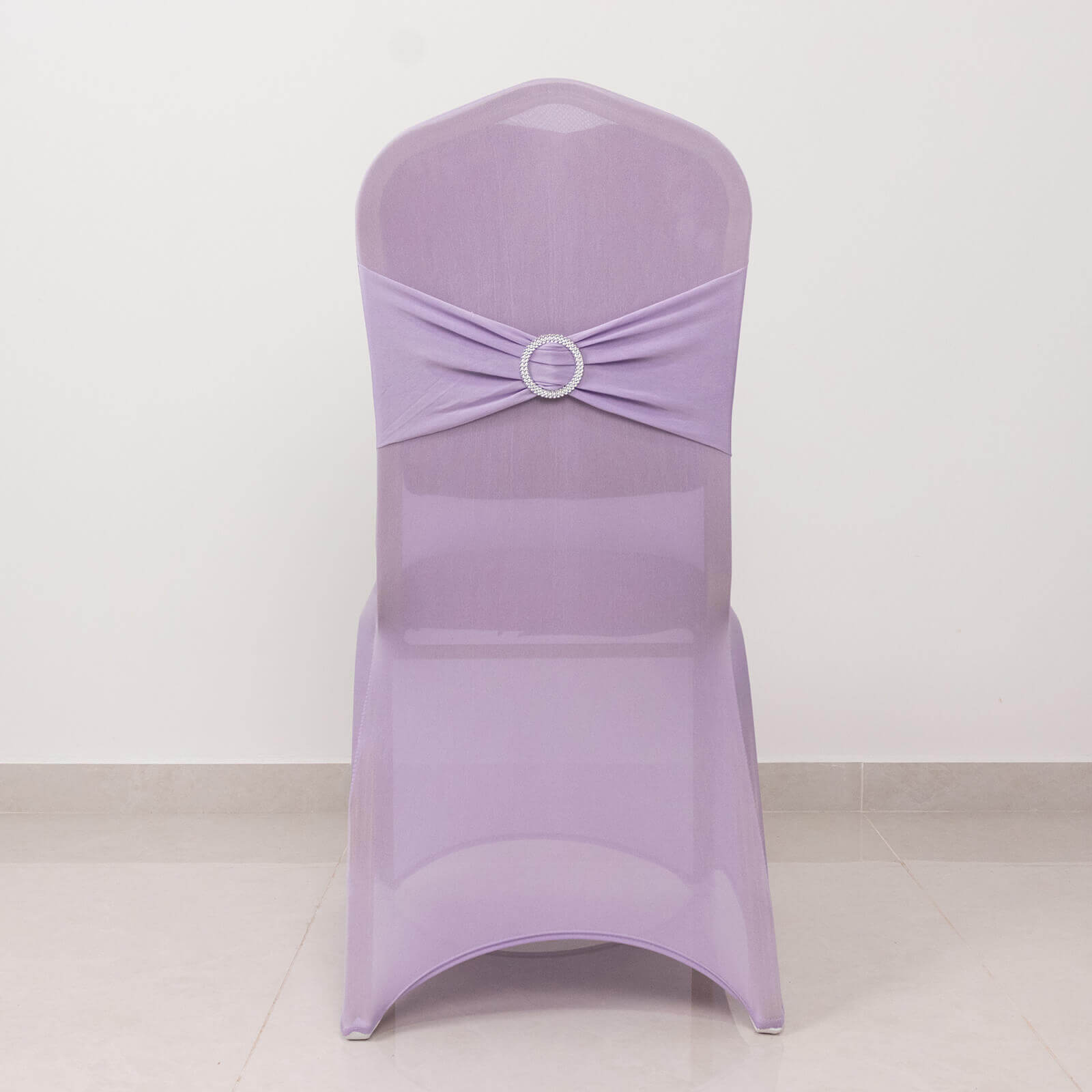 Spandex Chair Cover with Lavender Lilac Rhinestone Buckled Sash Band Blush - Stretch Fitted Slipcover