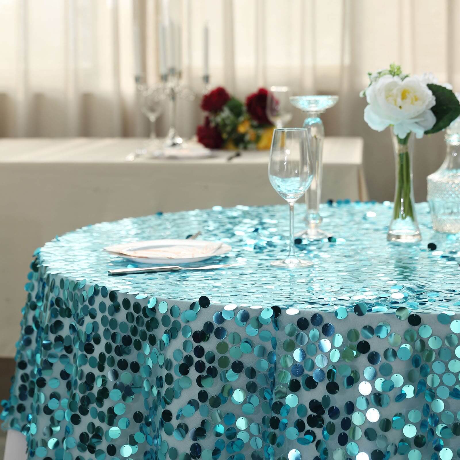 Sequin 72x72 Table Overlay Square Tablecloth Turquoise - Big Payette Table Cover