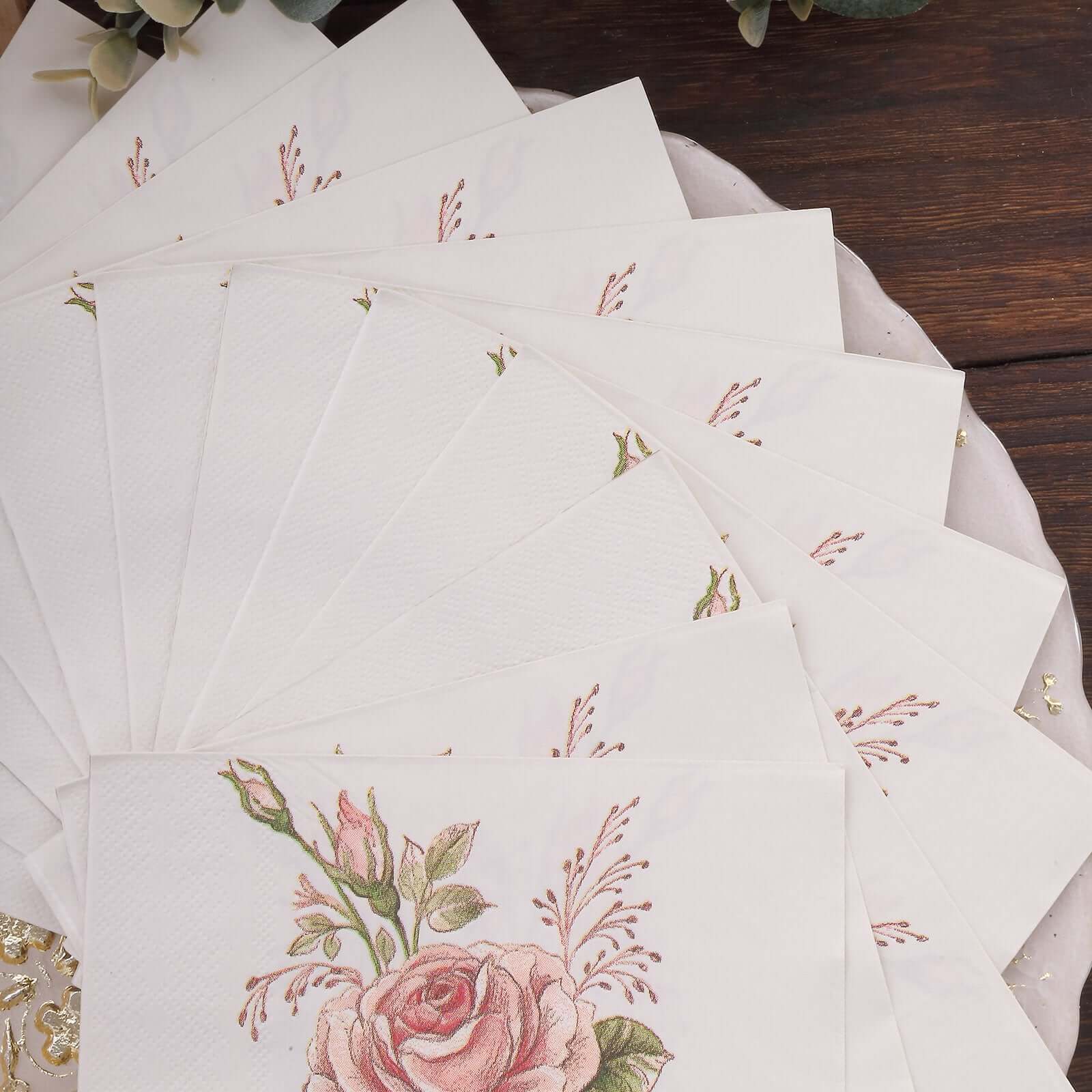 50-Pack Paper Beverage Napkins with Pink Floral Design Ivory - 2 Ply Soft 18GSM Rose Garden Wedding Napkins 6.5x6.5