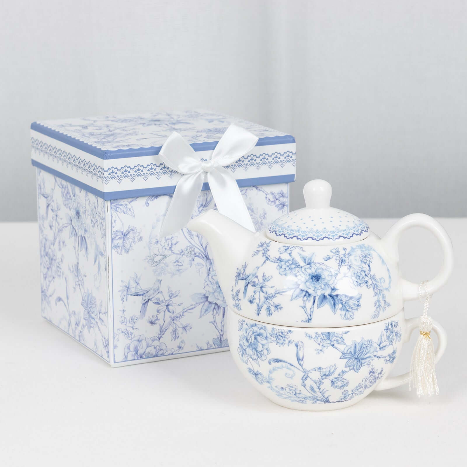 White Blue French Toile Bridal Shower Gift Set, Porcelain Teapot and Cup Set with Matching Keepsake Gift Box