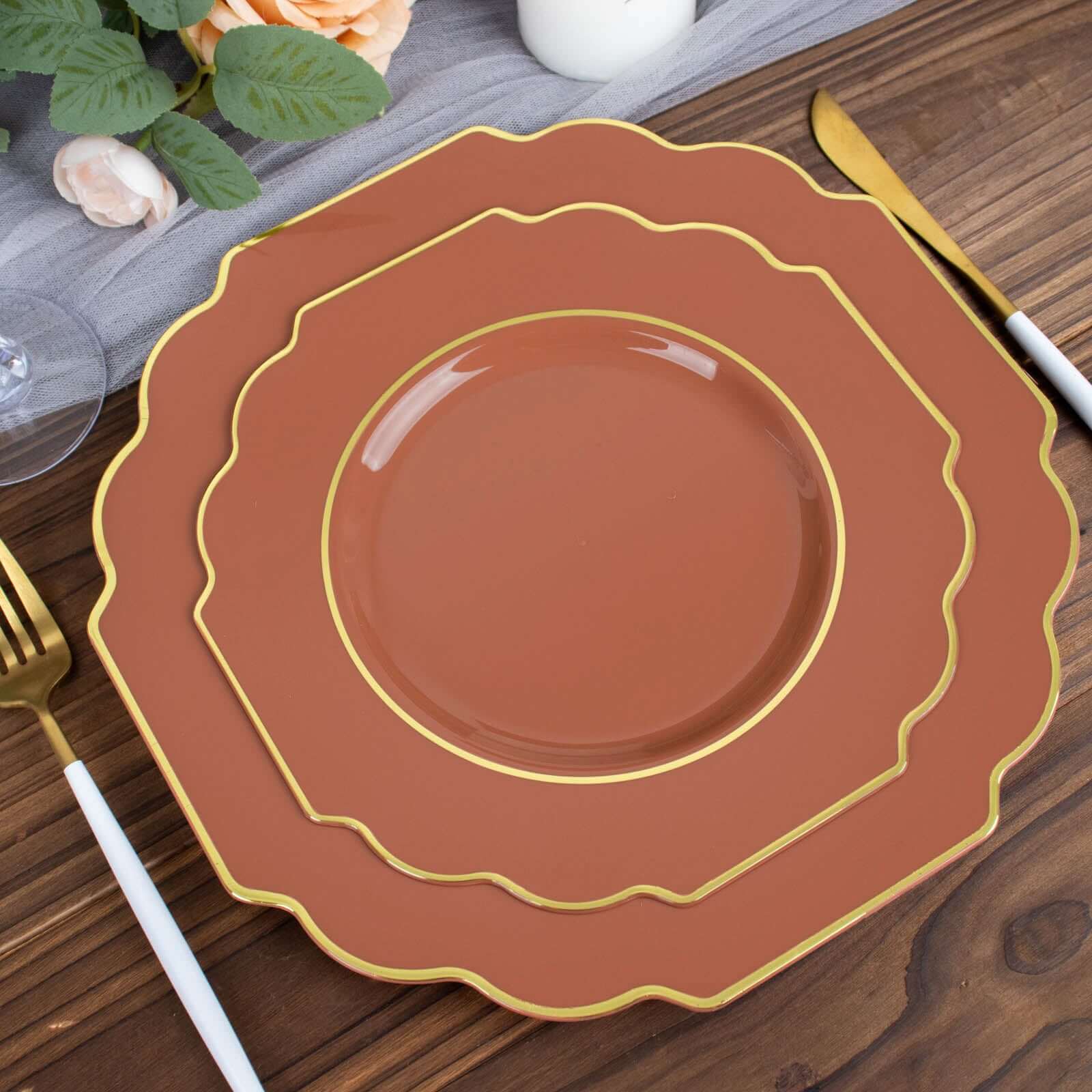 10-Pack Plastic Dessert Appetizer Plates in Terracotta (Rust) Baroque Design with Scalloped Gold Rim - Heavy Duty Disposable Salad Plates 8