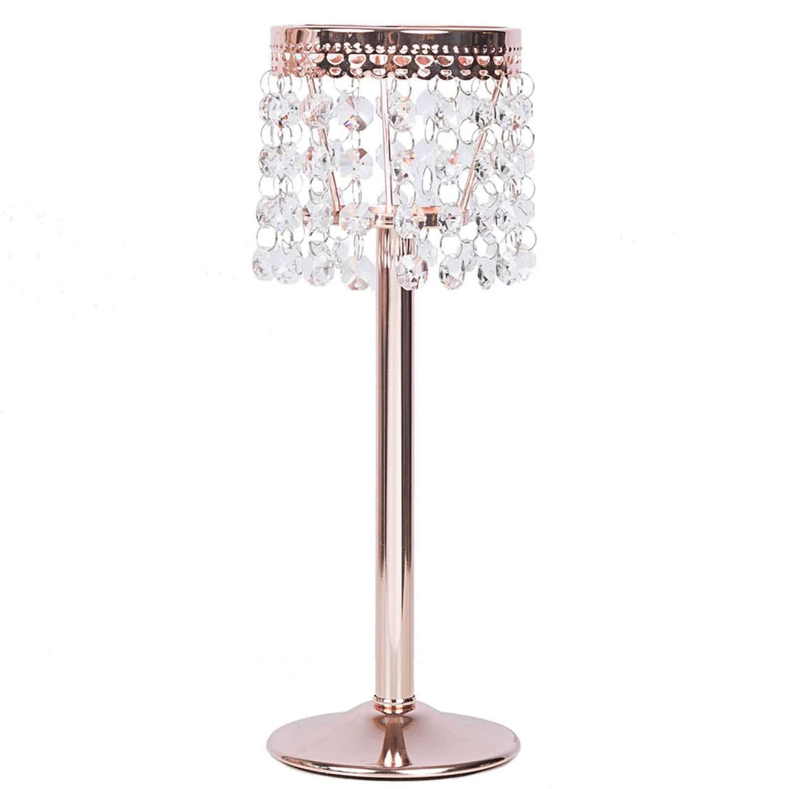 Crystal Beaded Chandelier Metal Candle Holder Rose Gold - Sophisticated Pillar Tealight Stand 12