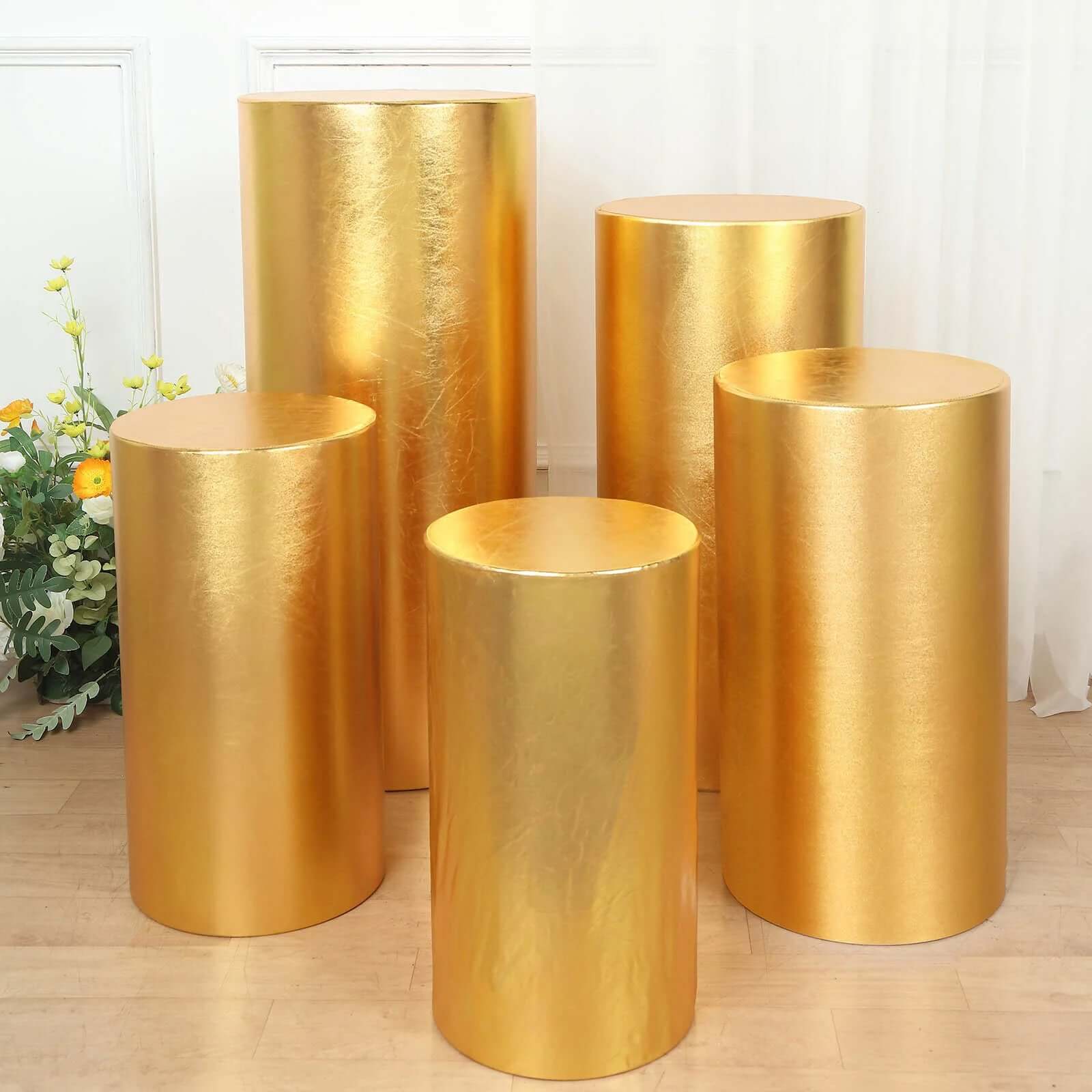 Set of 5 Metallic Gold Spandex Cylinder Pedestal Stand Covers, Shiny Stretchable Pillar Prop Covers - 130 GSM