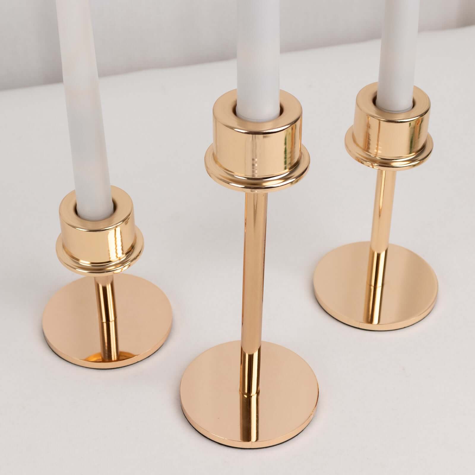 Set of 3 Metal Taper Candlestick Holders Gold with Round Base - Hurricane Candle Stands 3.5, 5.5, 8