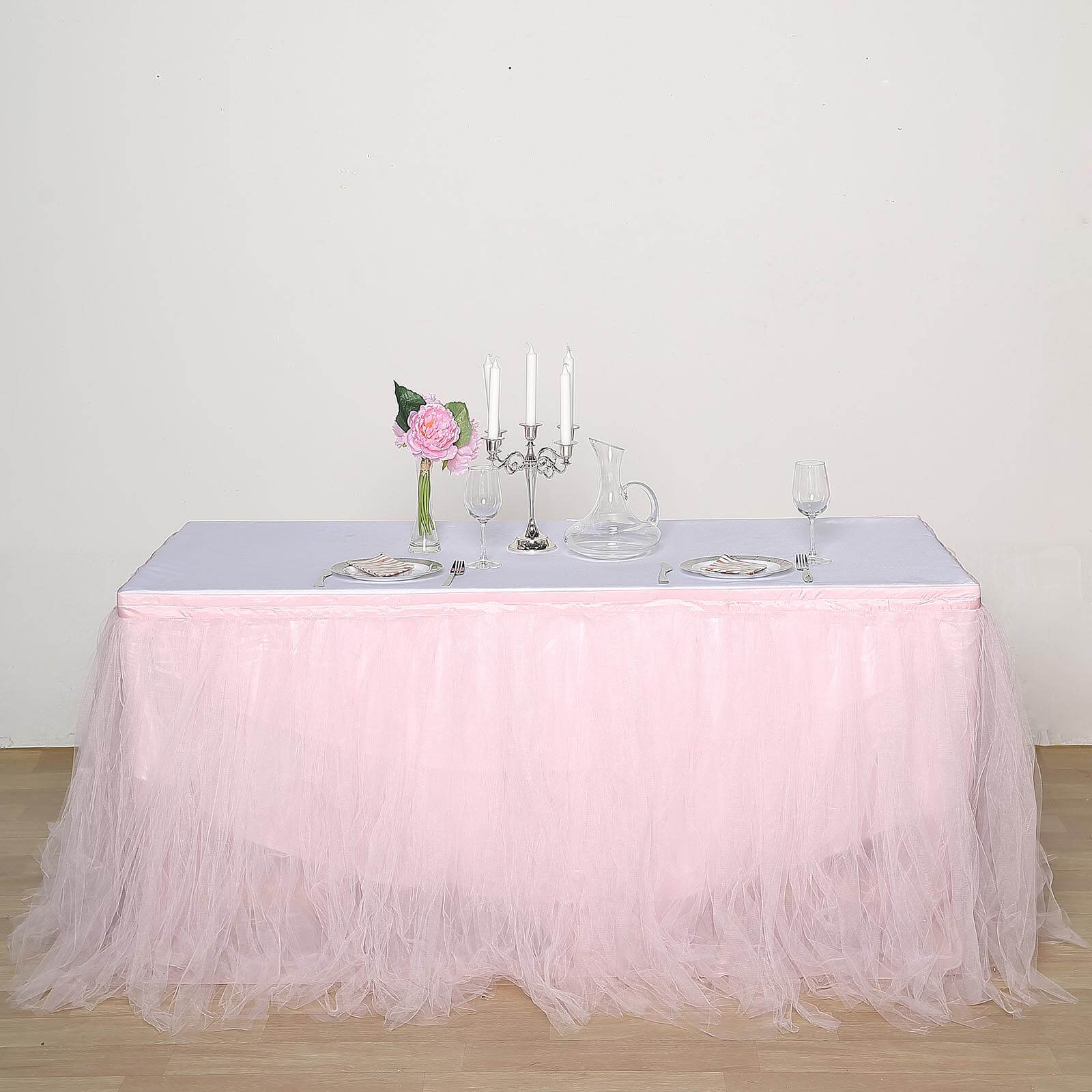 Tulle 17ft Table Skirt Blush - 4 Layer Pleated Tutu Table Cover