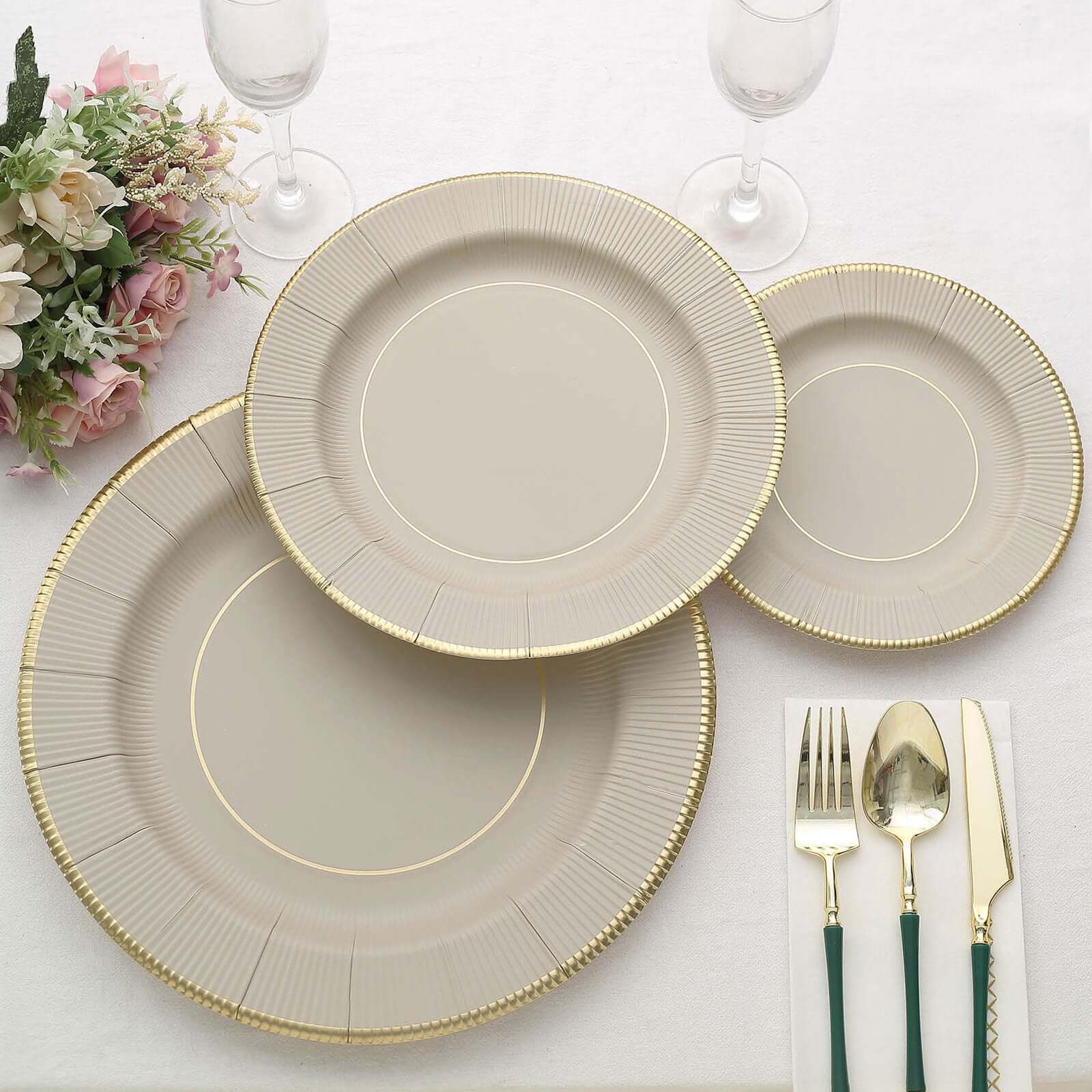 25-Pack Paper 8 Round Dessert Plates in Taupe Sunray Design with Gold Rim - Disposable Heavy Duty 350GSM Appetizer Salad Plates