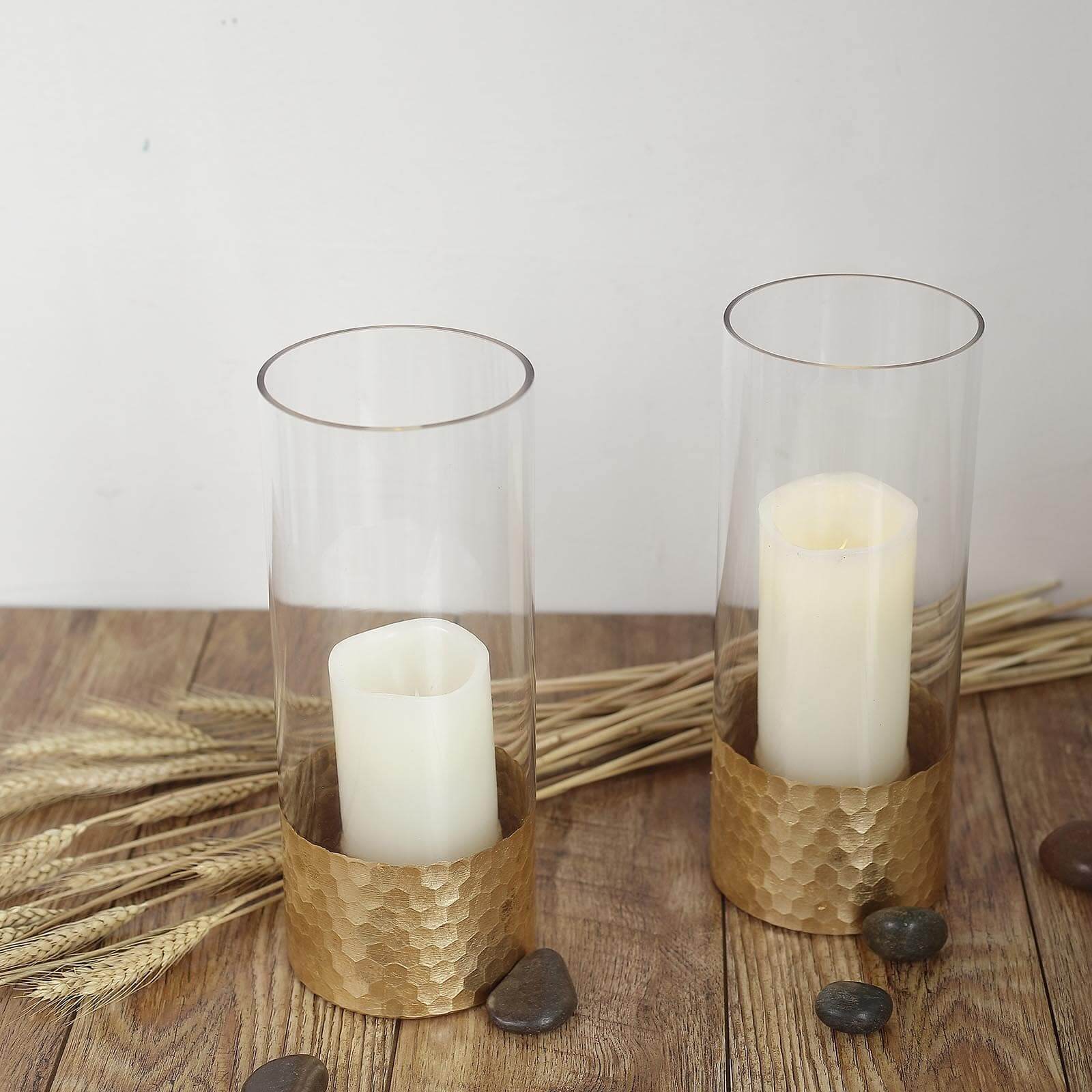 2-Pack Glass Cylinder Vases Honeycomb Design Clear with Gold Base - Decorative Candle Holder Centerpieces 12