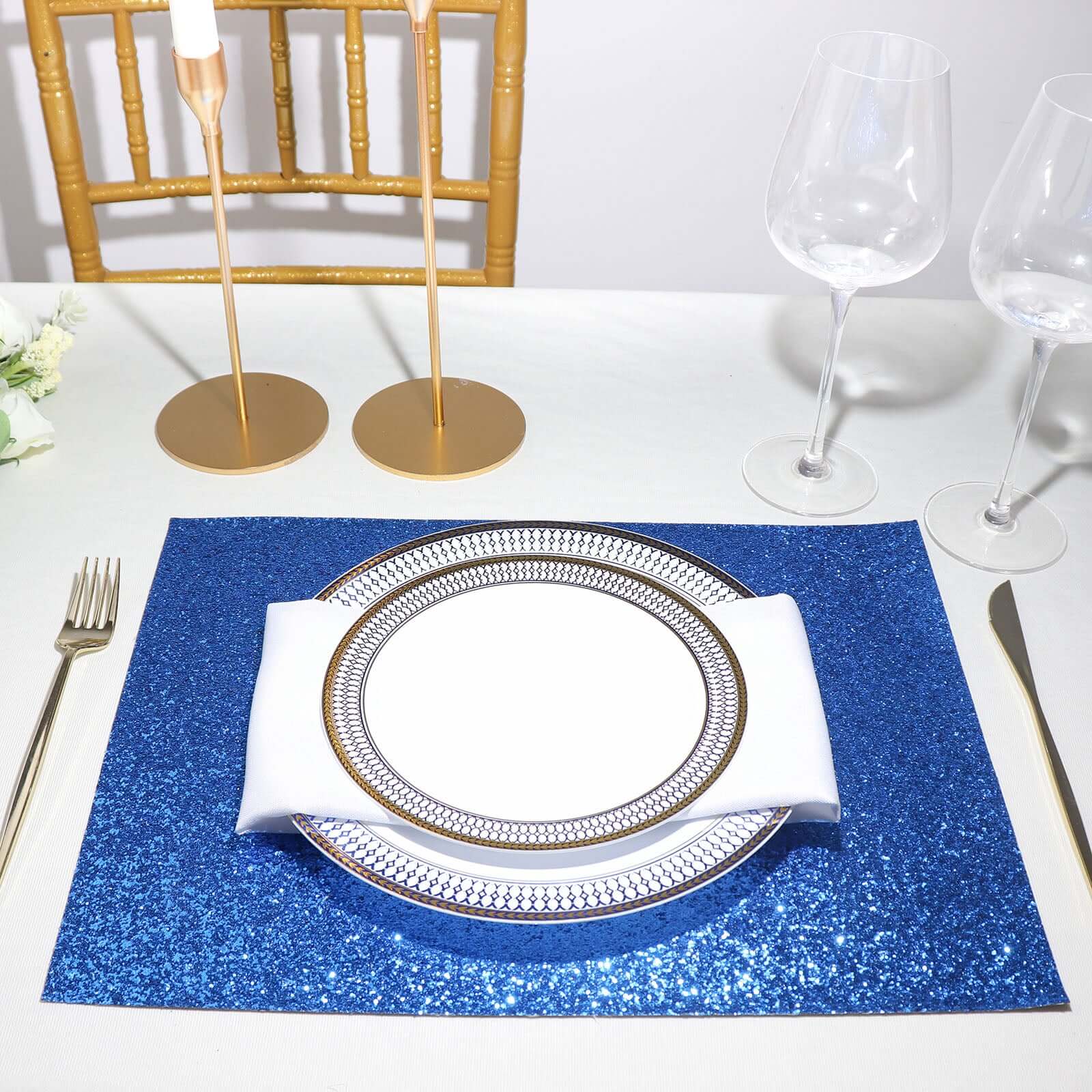 6-Pack Placemats Glitter Design Royal Blue Sparkle Rectangle - Non-Slip Decorative Dining Table Mats 12x18