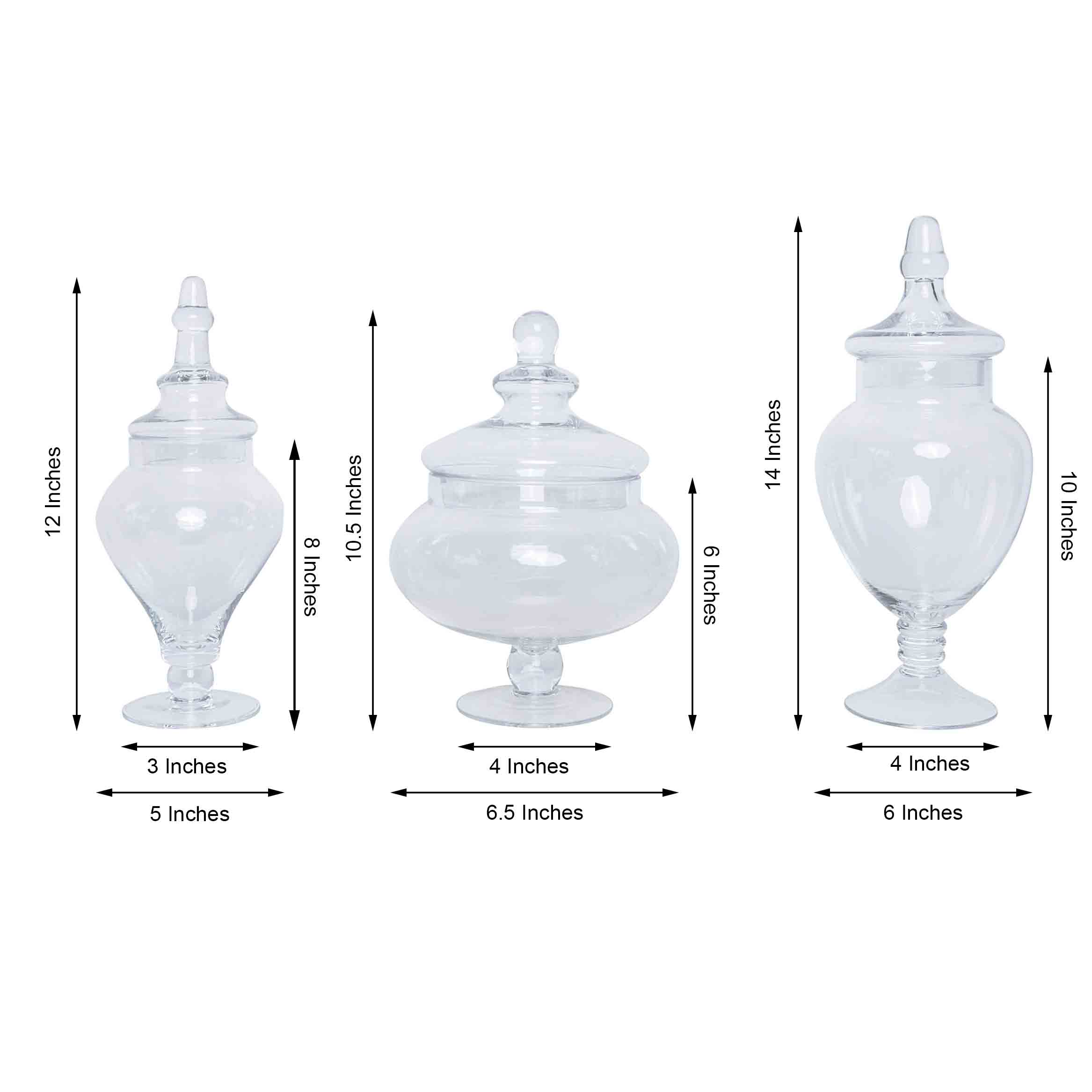 Set of 3 Glass Candy Jars Pedestal Apothecary Design Clear with Snap-On Lids - Stylish Party Favor Containers 10/12/14