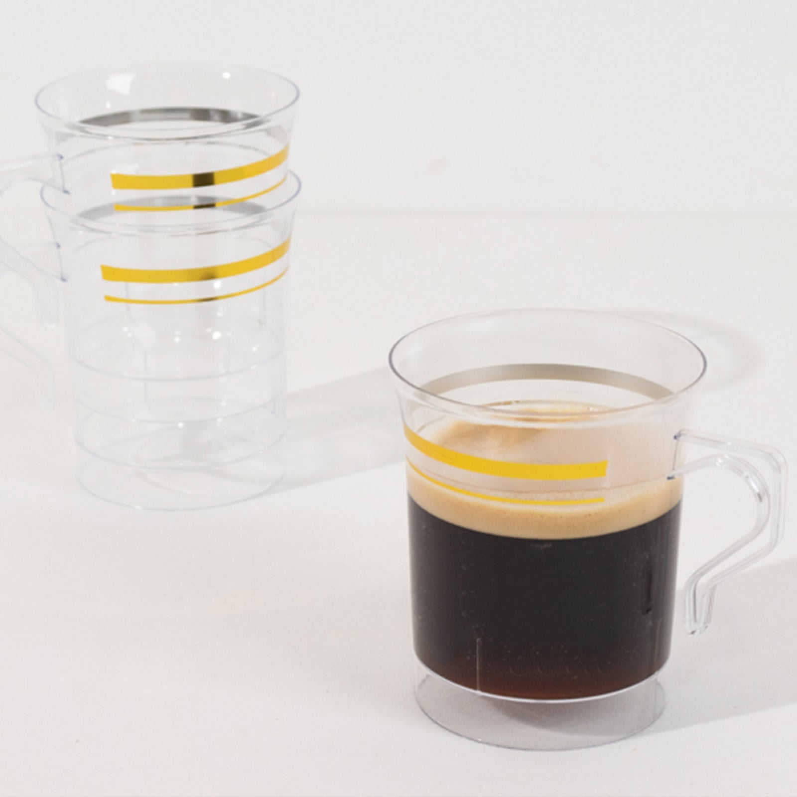 8-Pack Plastic Coffee Mugs Clear with Gold Stripes - Sturdy Disposable Cups for Coffee and Tea 8oz 3.5