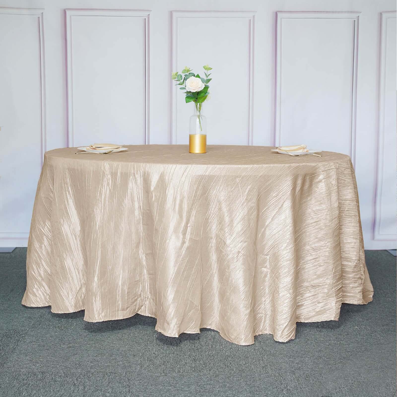 Taffeta 120 Round Tablecloth Beige - Seamless Accordion Crinkle Table Cover