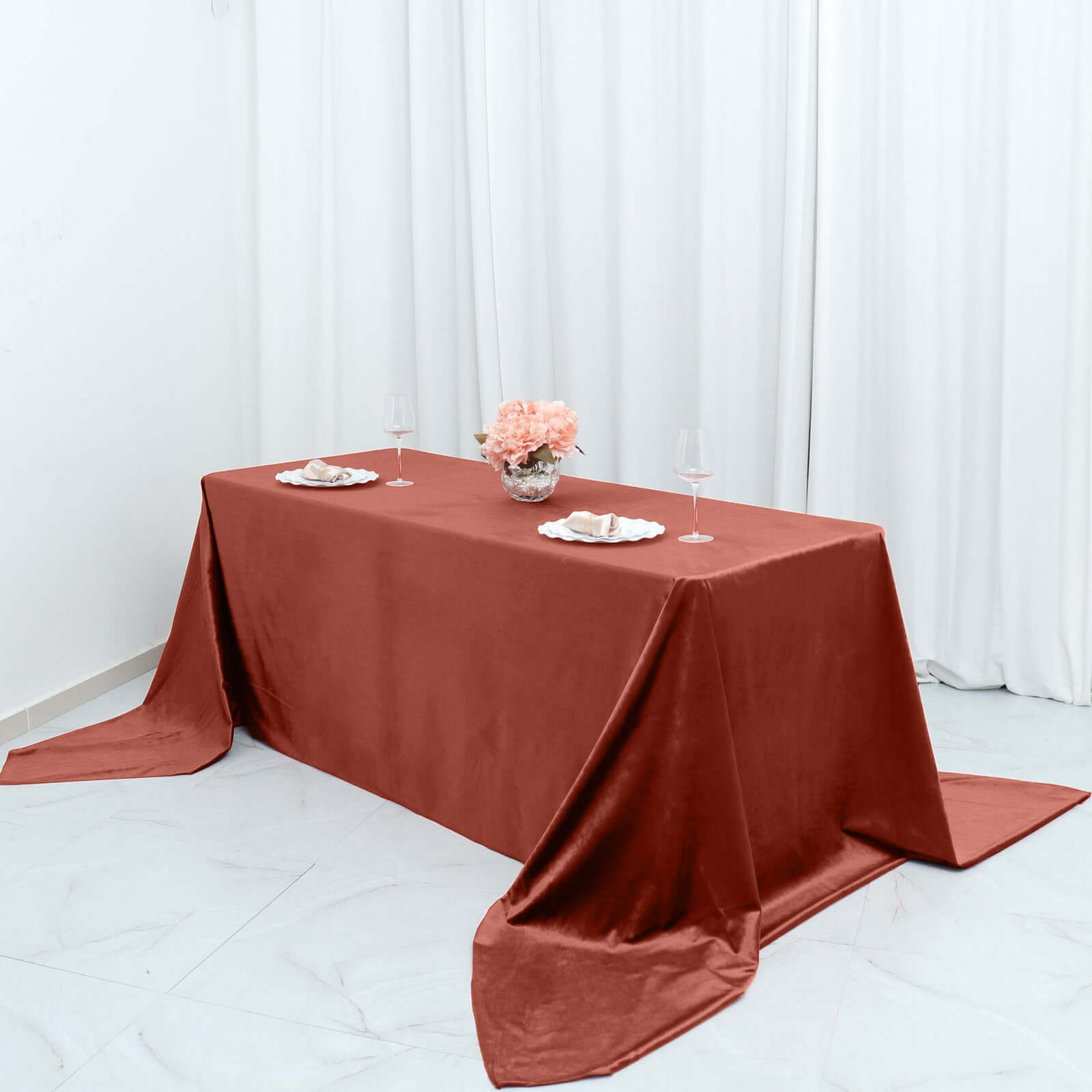 Premium Velvet 90x156 Rectangle Tablecloth Terracotta (Rust) - Reusable Soft & Seamless Table Cover