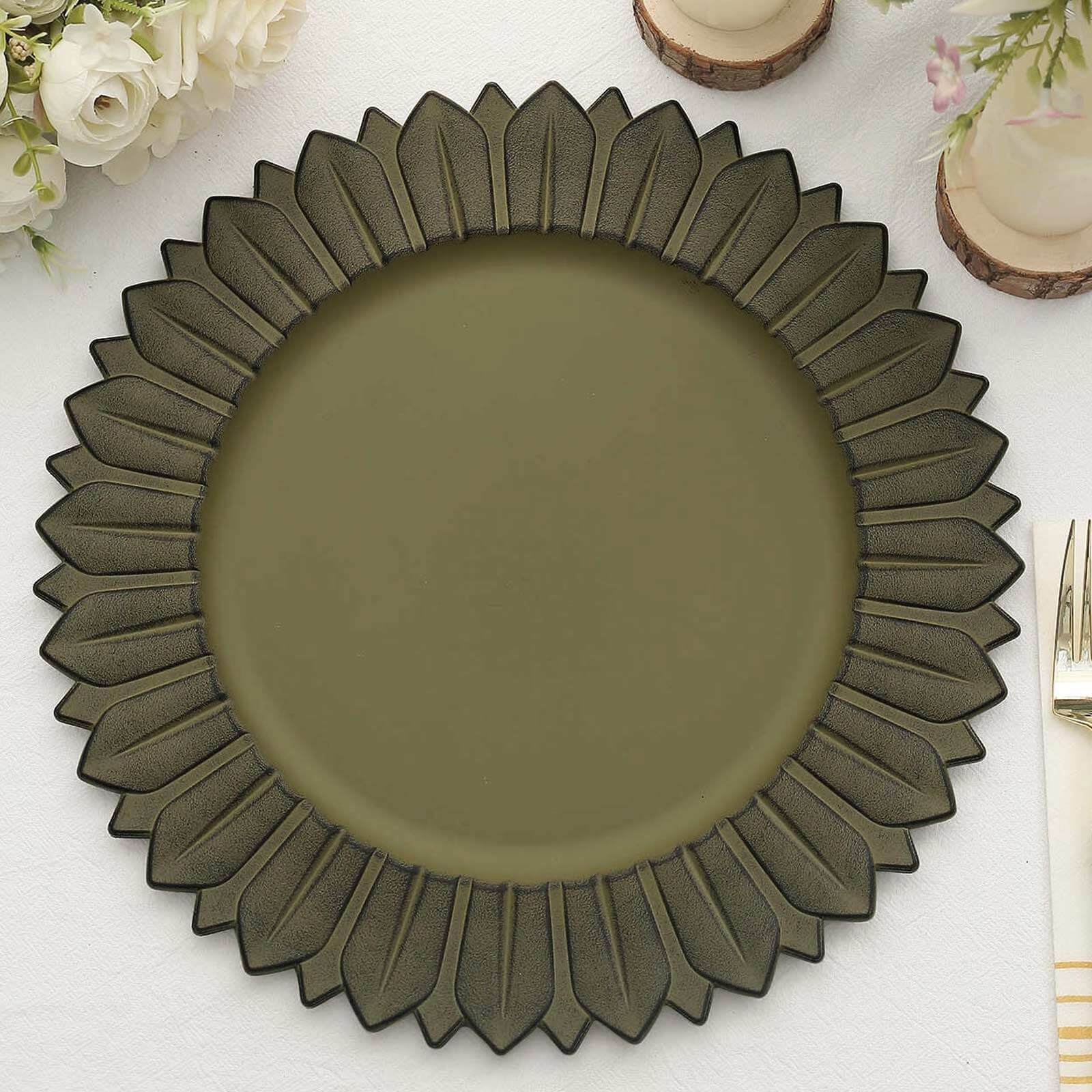 6-Pack Plastic Round Charger Plates 13 in Olive Green with Sunflower Rim, Matte Finish Disposable Dinner Charger Tableware