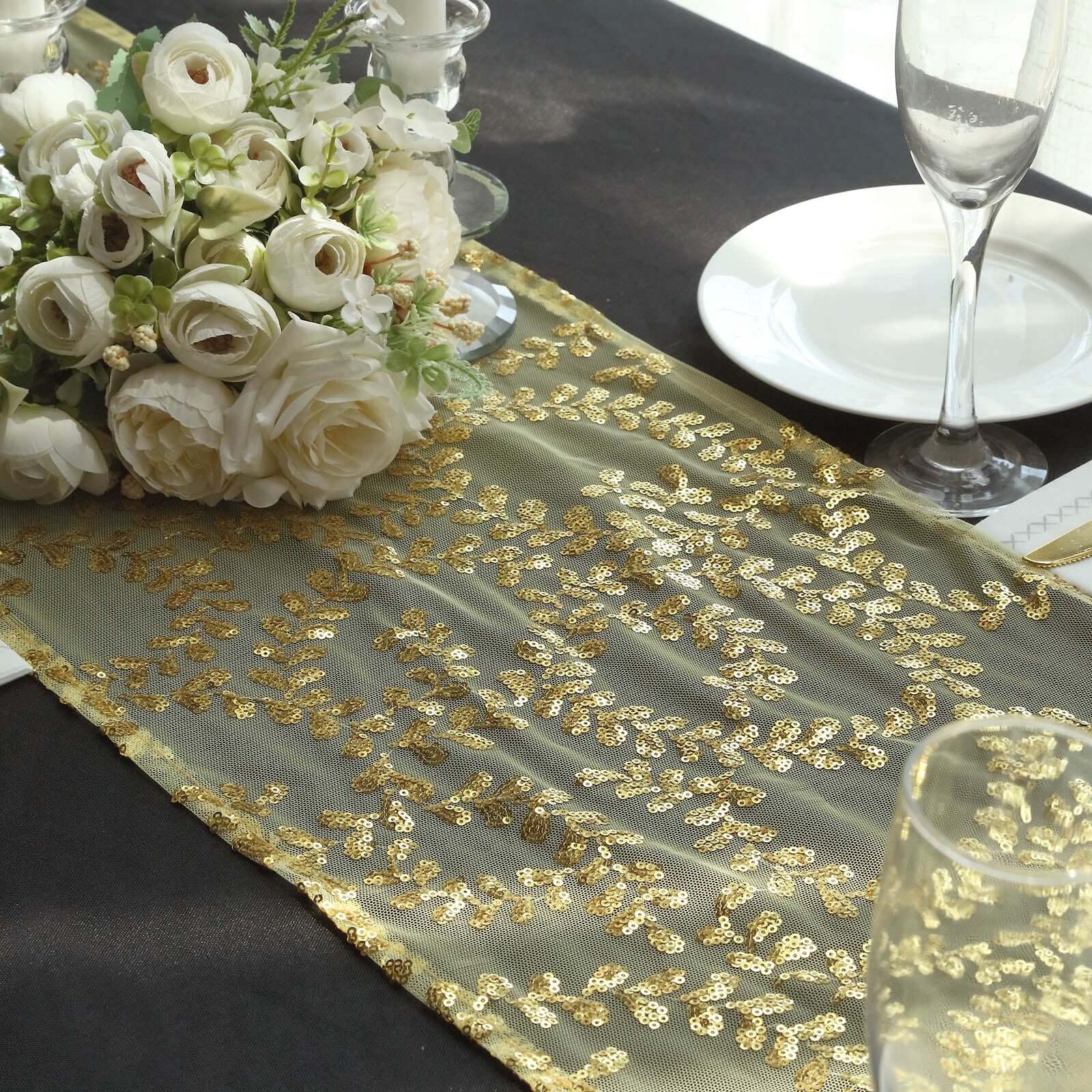 Mesh 12x108 Table Runner Gold - Leaf Vine Sequin Embroidered Design for Sophisticated Occasion