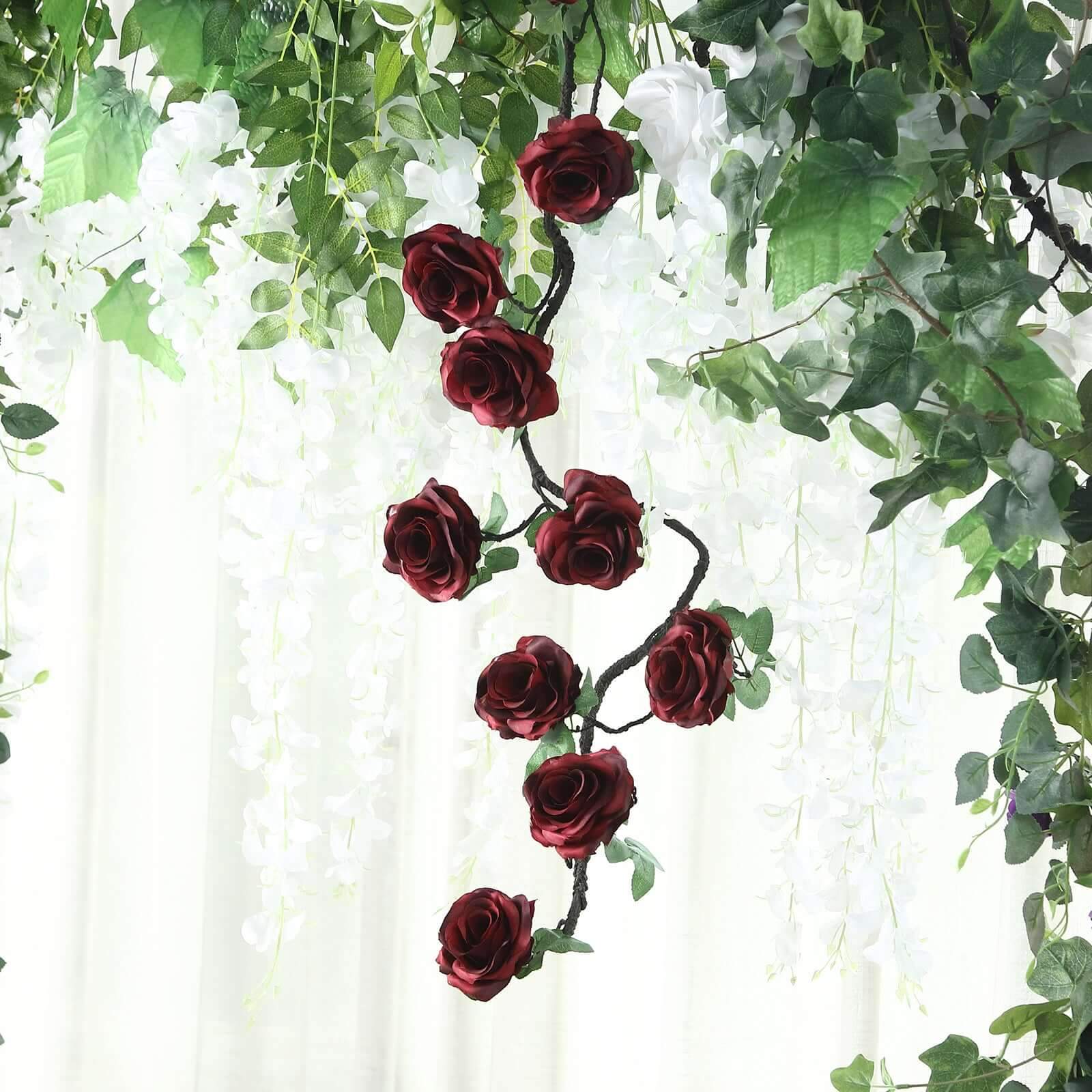 6ft Burgundy Artificial Silk Rose Hanging Flower Garland, Faux Vine