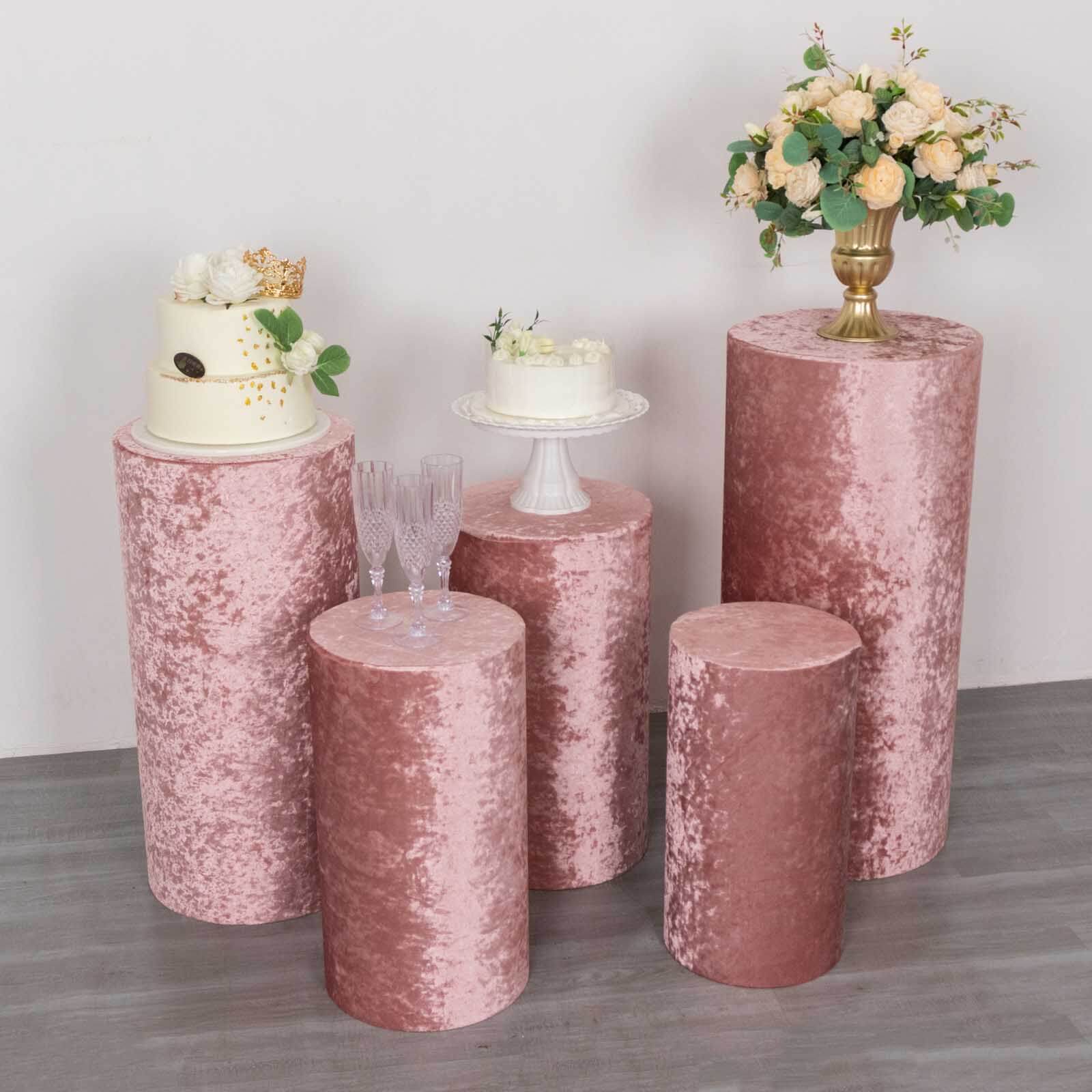 Set of 5 Dusty Rose Crushed Velvet Cylinder Pedestal Stand Covers, Premium Pillar Prop Covers