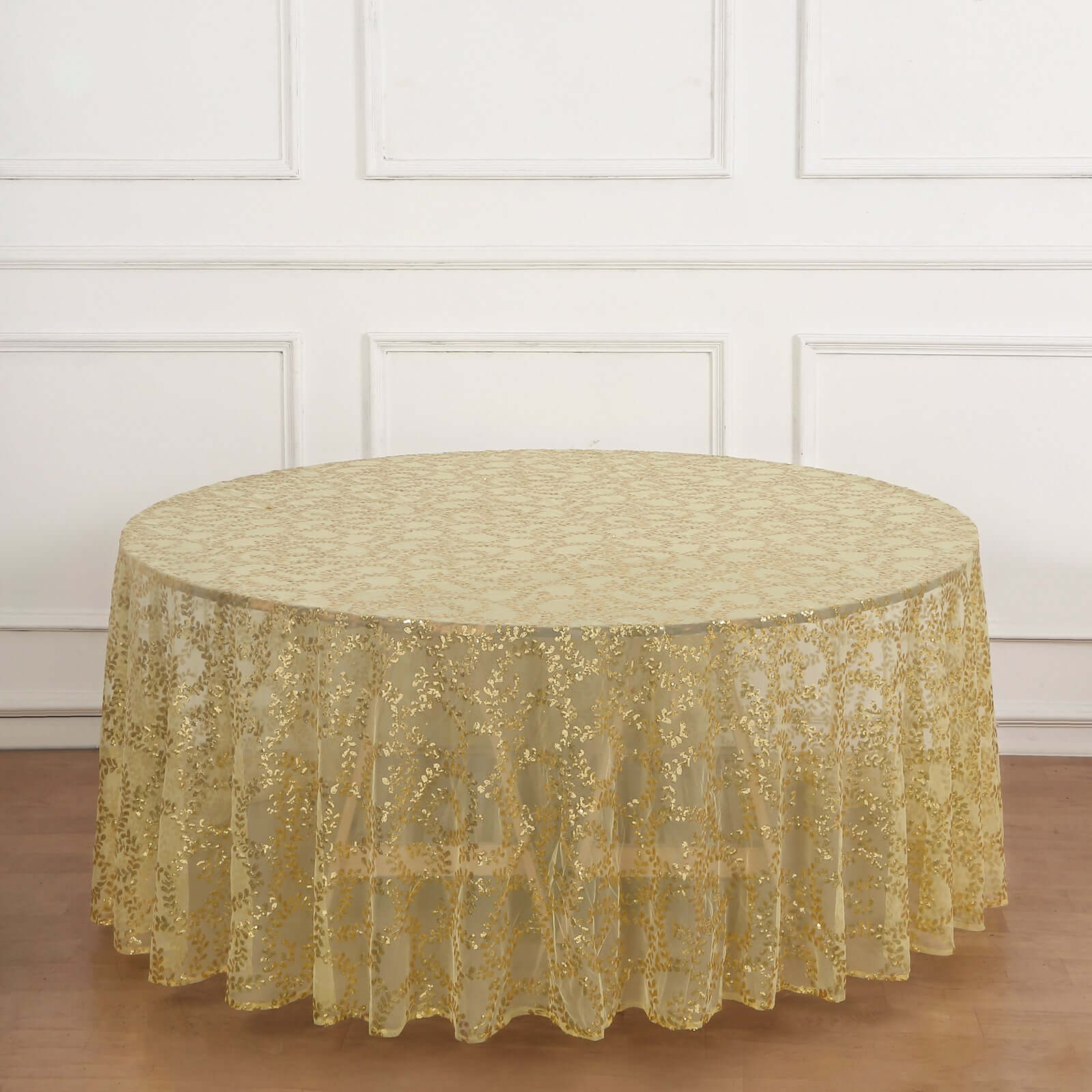 Tulle 120 Round Tablecloth Gold - Seamless Sequin Leaf Embroidered Design for Sophisticated Occasions