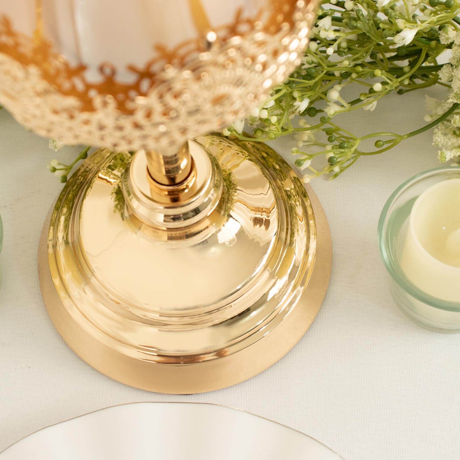 Set of 3 Lace Votive Candle Stands Antique Gold with Hurricane Glass Shades - Refined Pillar Candle Holders 13, 15, 17