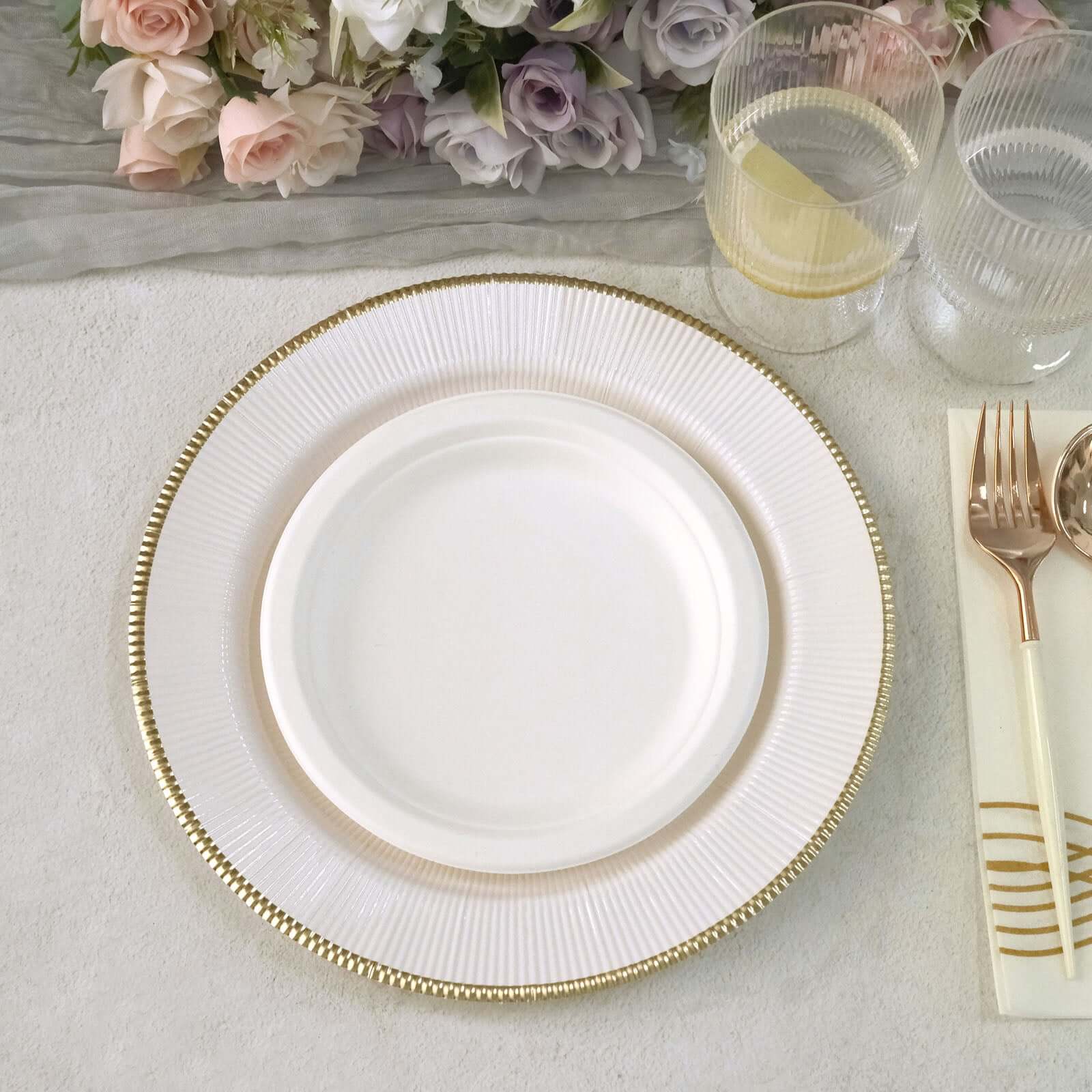 25-Pack Paper 10 Round Dinner Plates in White Sunray Design with Gold Rim - Disposable Heavy Duty 350GSM Party Plates