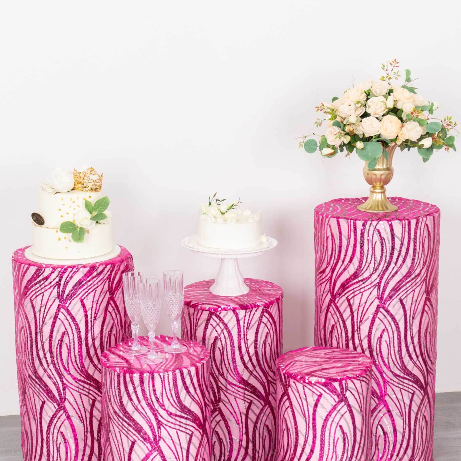 Set of 5 Fuchsia Wave Mesh Cylinder Pedestal Stand Covers with Embroidered Sequins, Pillar Prop Covers - 160 GSM